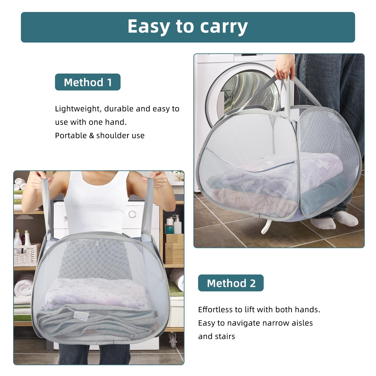 Collapsible Laundry Baskets, 90L Large Foldable Laundry Basket, Durable Mesh Pop Up Hampers for Laundry, Dirty Clothes Laundry Hamper for Bedroom, Bathroom, Dorm, Laundry Room, Travel or Camping Grey