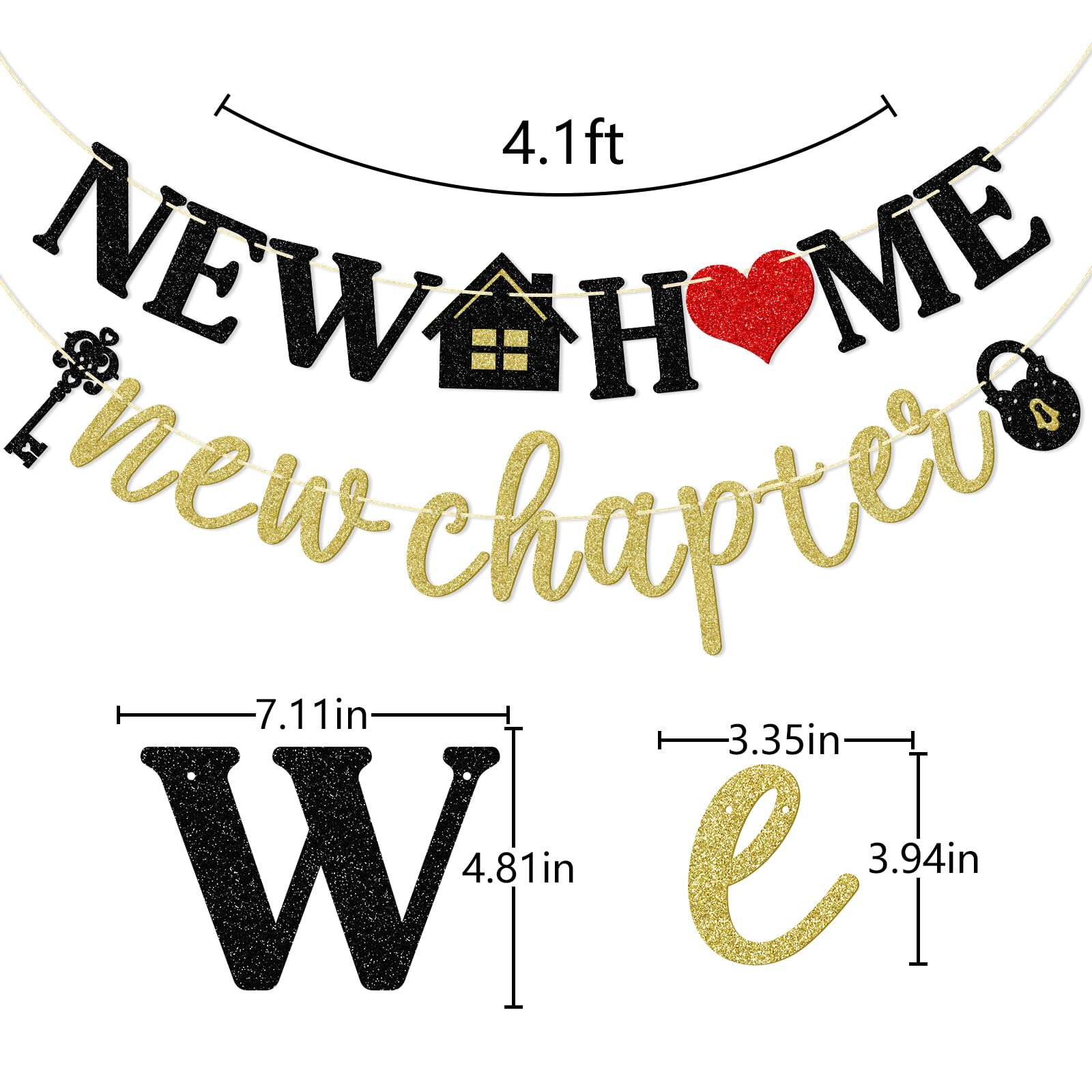 New Home New Chapter Banner, Pre-strung New Home Banner, Housewarming Party Decorations, Home Decor, Black & Gold Glitter