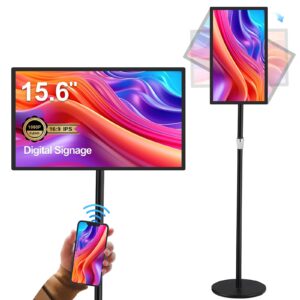 aystekmann 15.6'' interactive lcd digital signage display advertising kiosk with wireless screen mirroring,5g wifi 4+64gb with auto play all in one android with adjustable metal floor stand