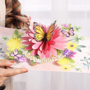 Pop Up Birthday Cards For Women&Wife, Beautiful Flowers and Monarch Butterfly, Elegant, Floral 3D Happy Birthday Greeting Cards, Ideal Gift for Mom, Sister, Her, Grandma, Aunt, Daughter, Stepmother