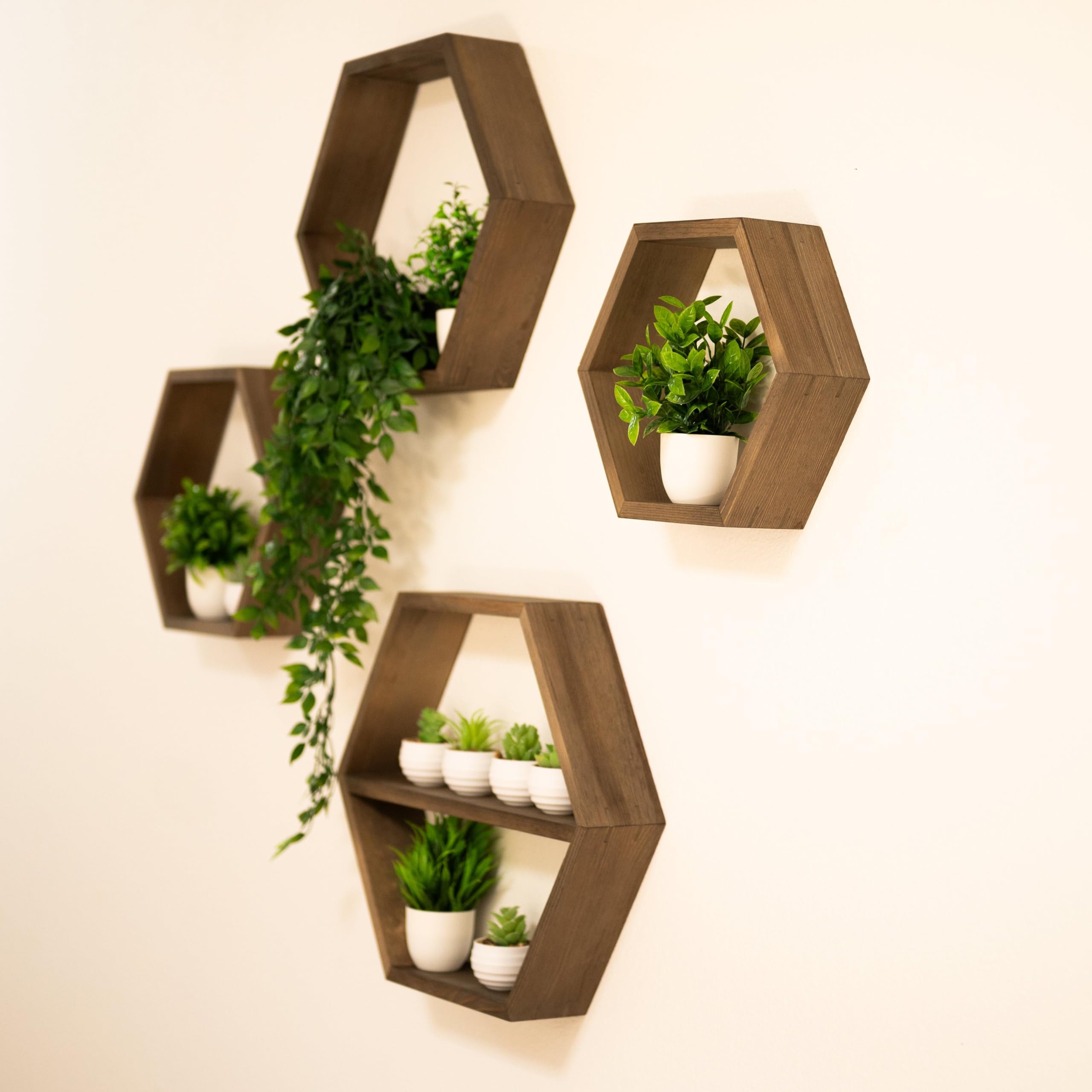 Farm and Posh Large Hexagon Floating Shelves Set of 4 – Honeycomb Shelf, Crystal Display Shelf, Wood Hexagon Wall Shelves, Farmhouse Display Shelves for Hexagon Wall Decor (Dark Walnut)