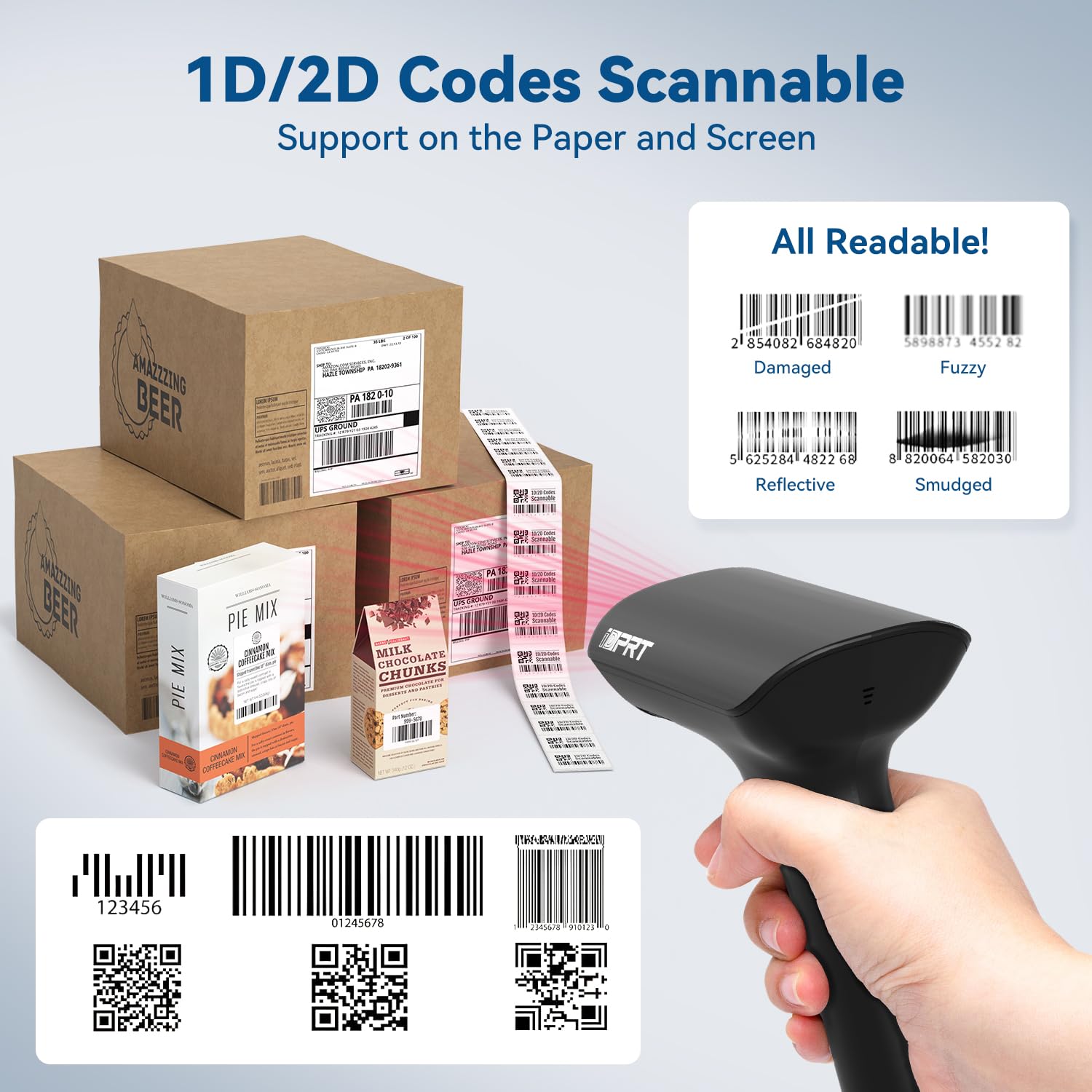 iDPRT Bluetooth 1D 2D QR Barcode Scanner, Wireless Barcode Scanner, Handheld UPC EAN Label Screen Reader with Dongle, Android Windows, USB Wired, Rechargeable for Retails Supermarket Warehouse Library