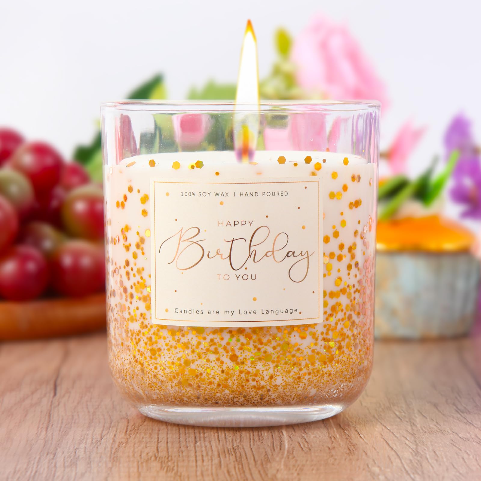 Birthday Gifts for Women-11oz Vanilla Scented Candle with Golden Glitter, Unique Birthday Gifts for Friends, Bestie, Mom, Sister, Coworker Happy Birthday Candle