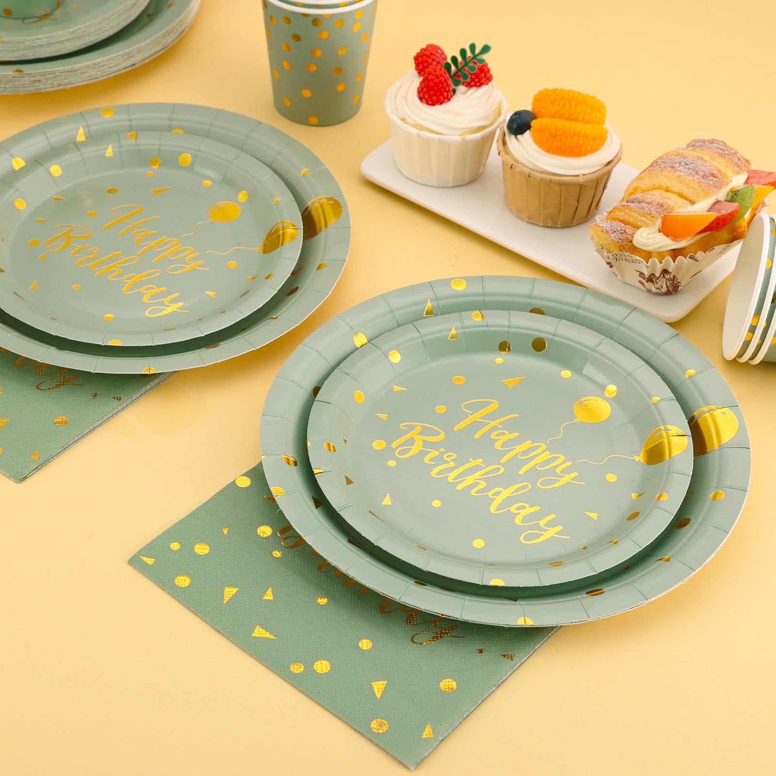 175 Pcs Sage Green Birthday Decorations - Sage Green Birthday Plates and Napkins Party Supplies Serve 25 Guests - Sage Green and Gold Birthday Paper Plates for Girls Women Happy Birthday Party Decor