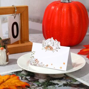 Whaline 100Pcs Fall Place Cards 3.5 x 2 Inch Pumpkin Leaves Tented Cards Autumn Seating Cards for Thanksgiving Party Table Setting Supplies