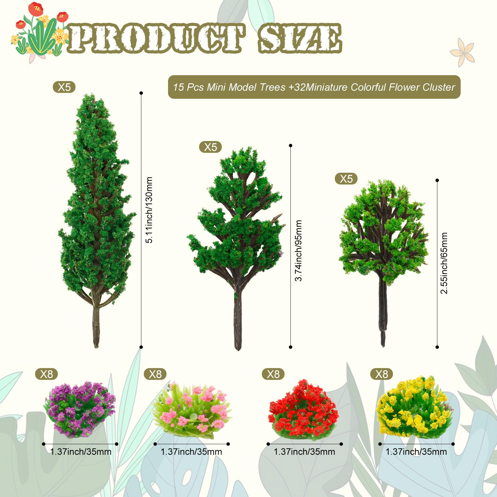 Warmtree 47 Pcs Mini Model Trees Miniature Colorful Flower Cluster,32 Miniature Flowers 15 Mixed Miniature Trees,Miniature Fairy Garden Tree Plant Train Landscape Military Layout Model Dioramas