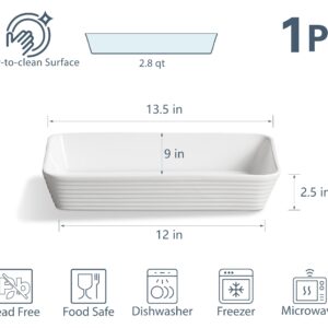 ONEMORE Ceramic Baking Dish, 9x13 Baking Pan Casserole Dish Large Rectangular Baking Dishes for Oven Deep Dish Lasagna Pan for Family Meals Ribbed White Bakeware for Roasting & Serving