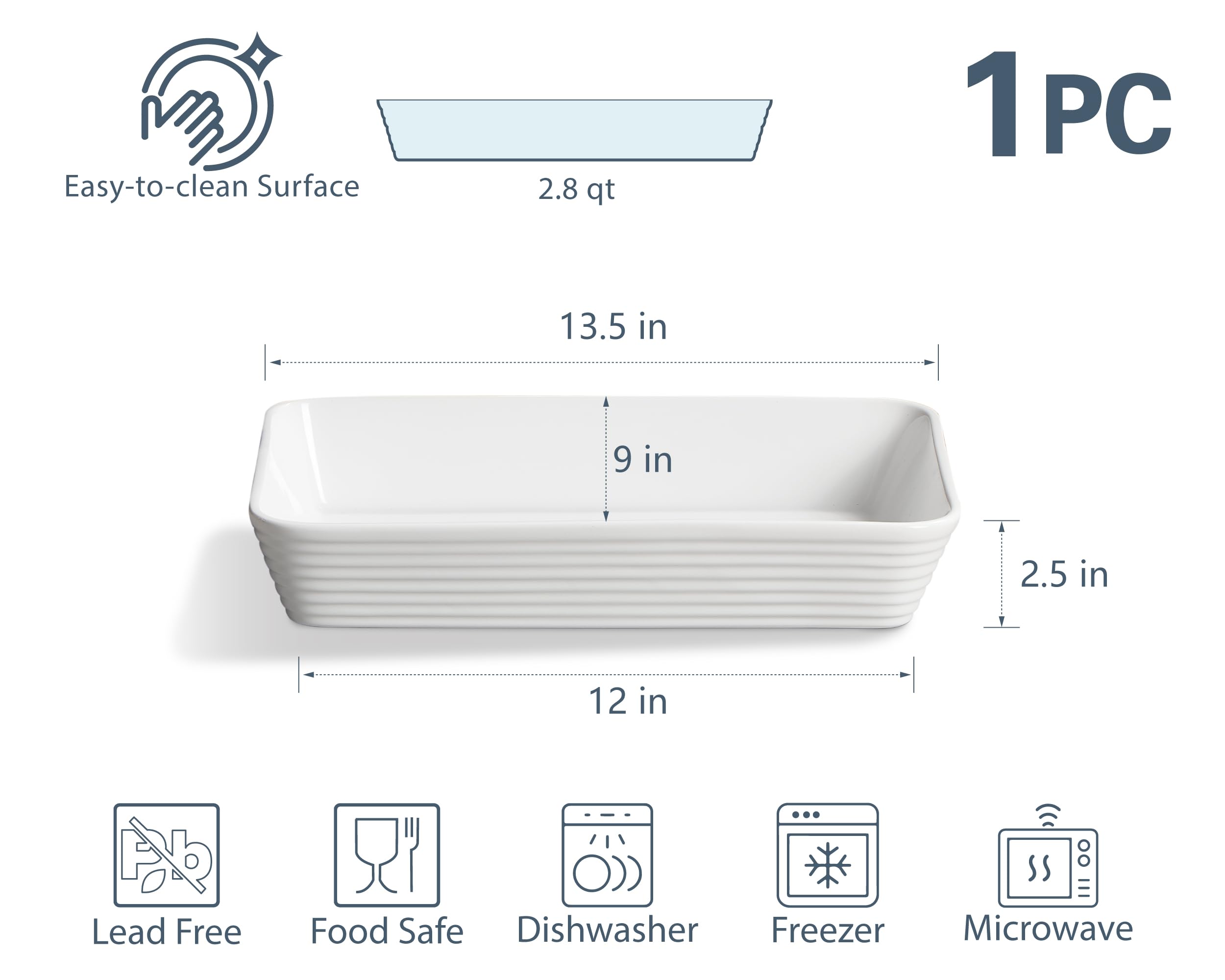 ONEMORE Ceramic Baking Dish, 9x13 Baking Pan Casserole Dish Large Rectangular Baking Dishes for Oven Deep Dish Lasagna Pan for Family Meals Ribbed White Bakeware for Roasting & Serving