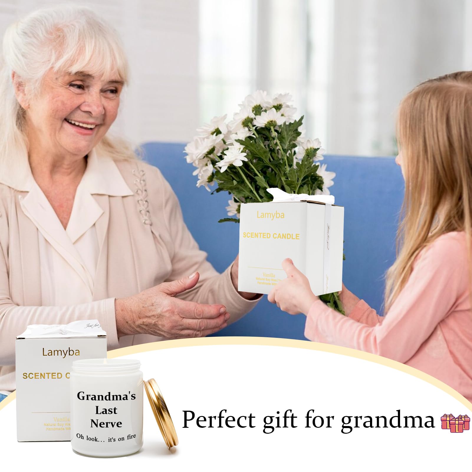 Lamyba Grandma Candle Gifts for Grandmother from Granddaughter Grandson, Funny Cool Mother’s Day Present Vanilla Scented Soy Candle - Grandma’s Last Nerve Oh Look It’s On Fire