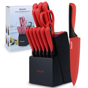 hecef 13 pieces kitchen knife set with built-in sharpening wooden block, high carbon stainless steel knife block set with steak knives, kitchen scissors, red