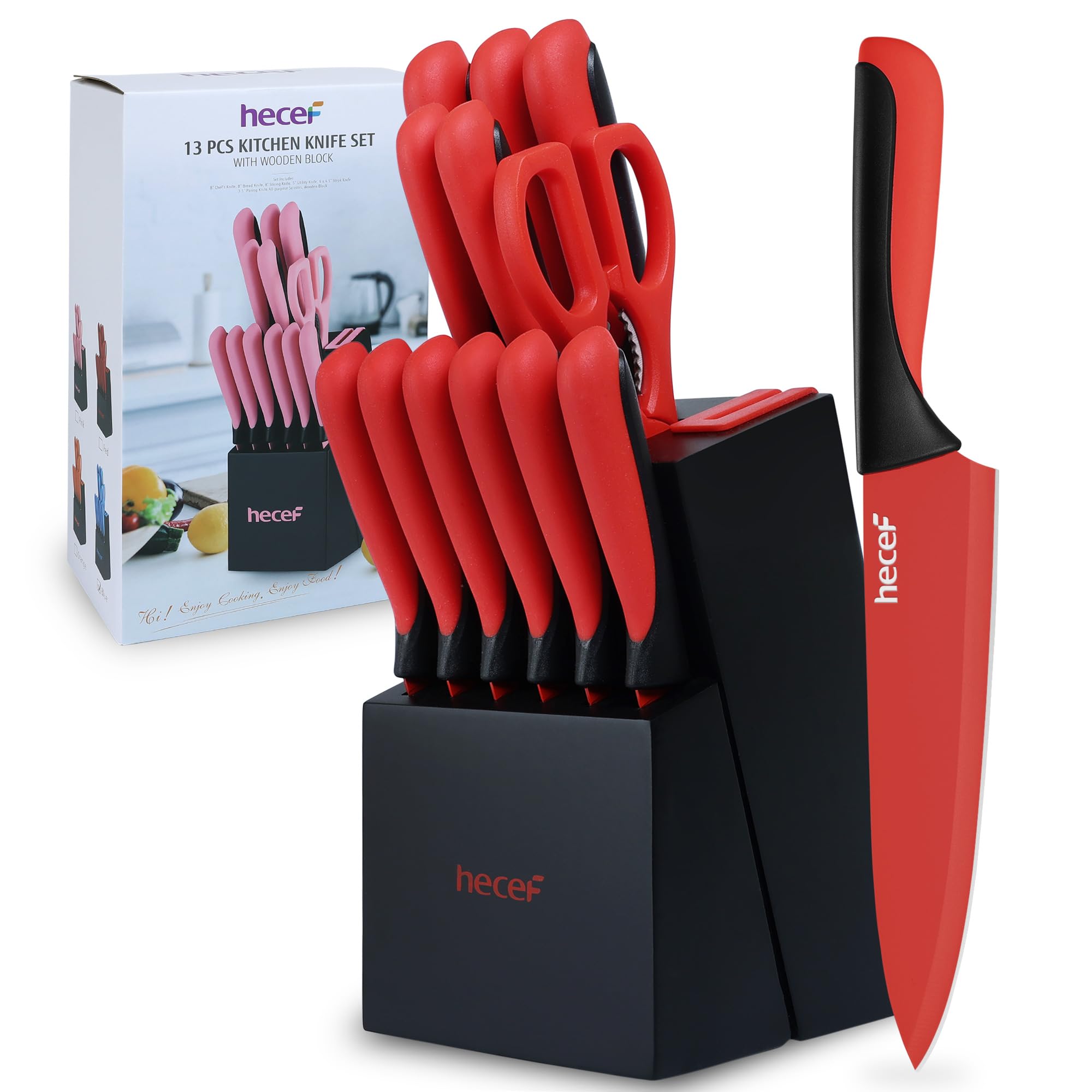 hecef 13 Pieces Kitchen Knife Set with Built-in Sharpening Wooden Block, High Carbon Stainless Steel Knife Block Set with Steak Knives, Kitchen Scissors, Red