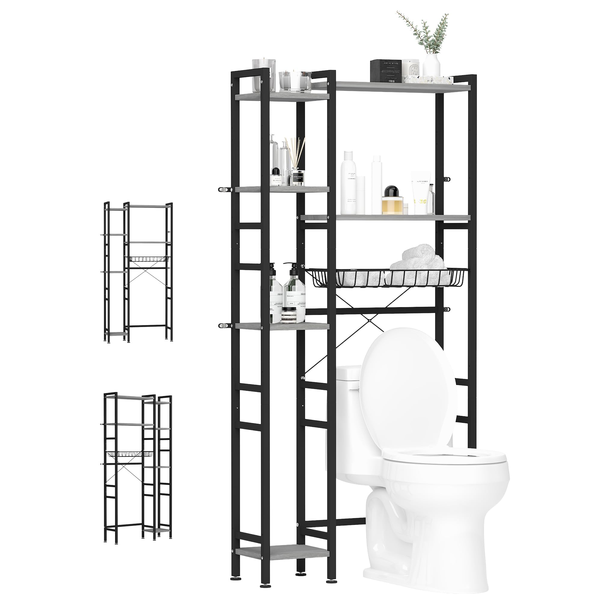 GRANNY SAYS Over The Toilet Storage Shelf, 6 Tier Metal Over Toilet Bathroom Organizer, Freestanding Over Toilet Shelf Rack with Basket & Adjustable Shelf for Bathroom, Restroom, Black