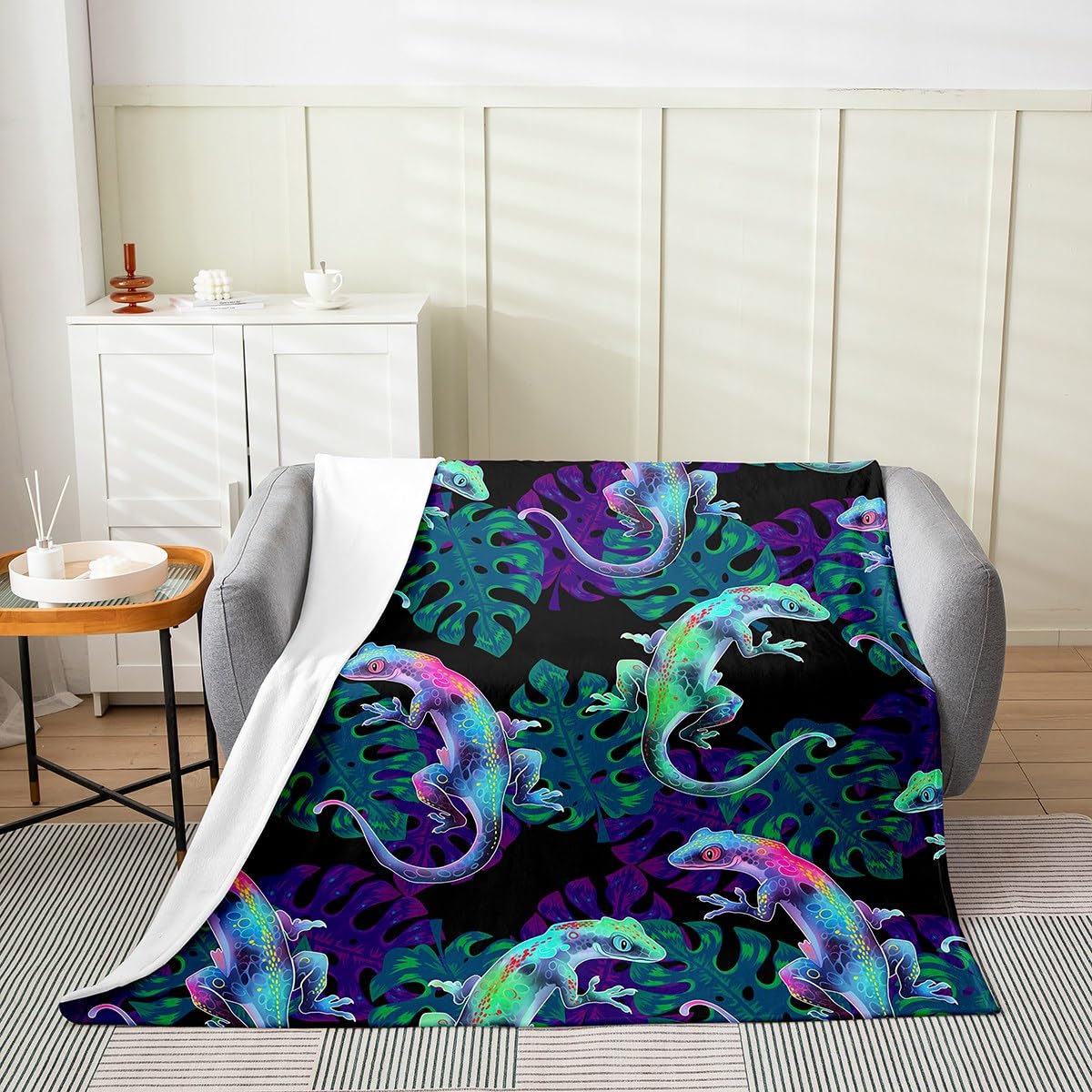 Erosebridal Gecko Blanket, Lizard Throw Blanket Throw 50x60, Tropical Monstera Fleece Blanket, Reptiles Animal Theme Fuzzy Blanket for Kids Boys Girls Adult Bedroom Living Room, Green Purple Black