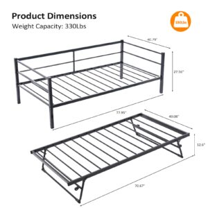 VINGLI Daybed with Pop Up Trundle, Heavy Duty Metal Twin Bed with Trundle, No Box Spring Needed, Black