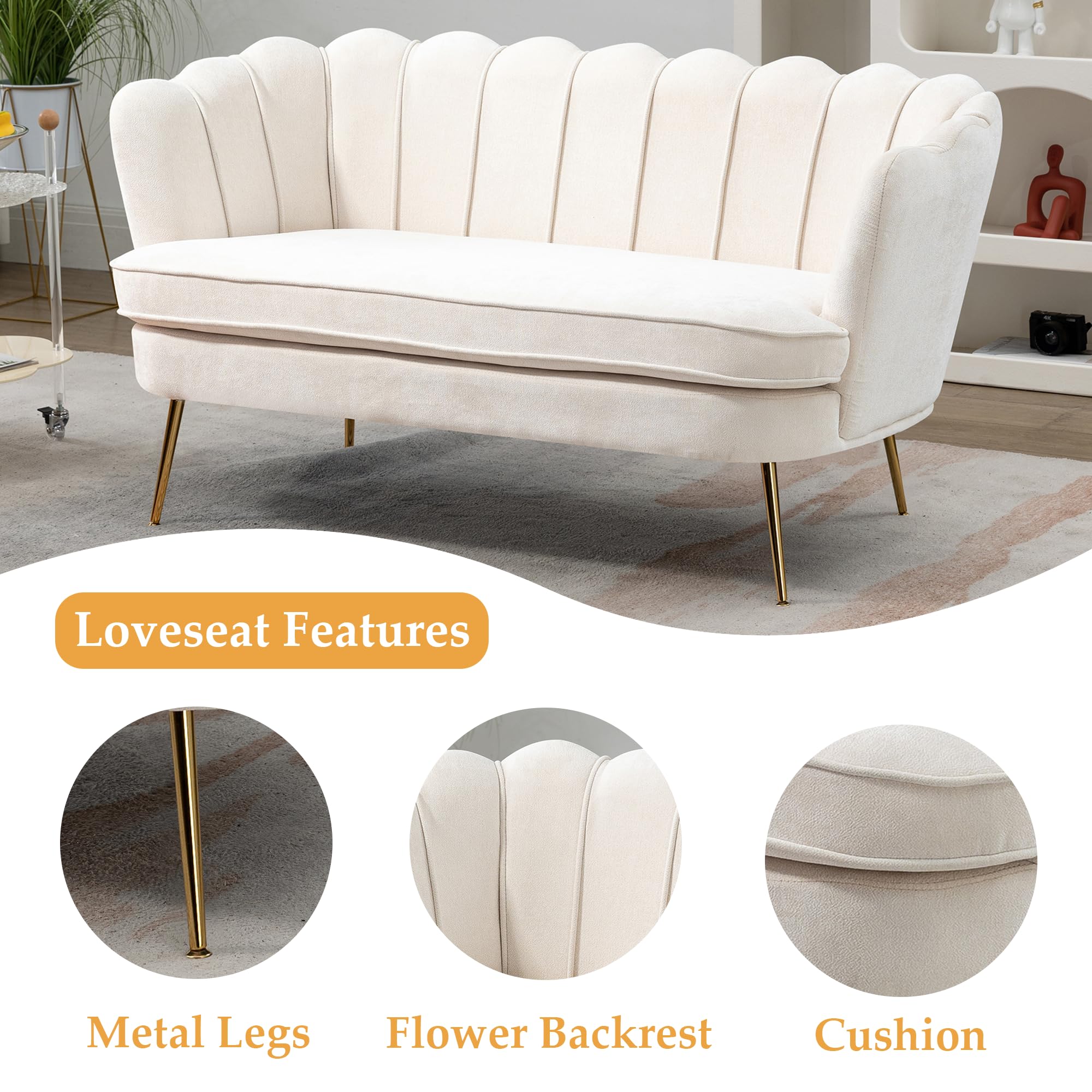 DWOYFO 59” Small Modern Chenille Loveseat Sofa, 2-Seater Sofa with Gold Metal Legs, Small Couch with Flower Shaped Back for Living Room Bedroom Office (Beige & Chenille)