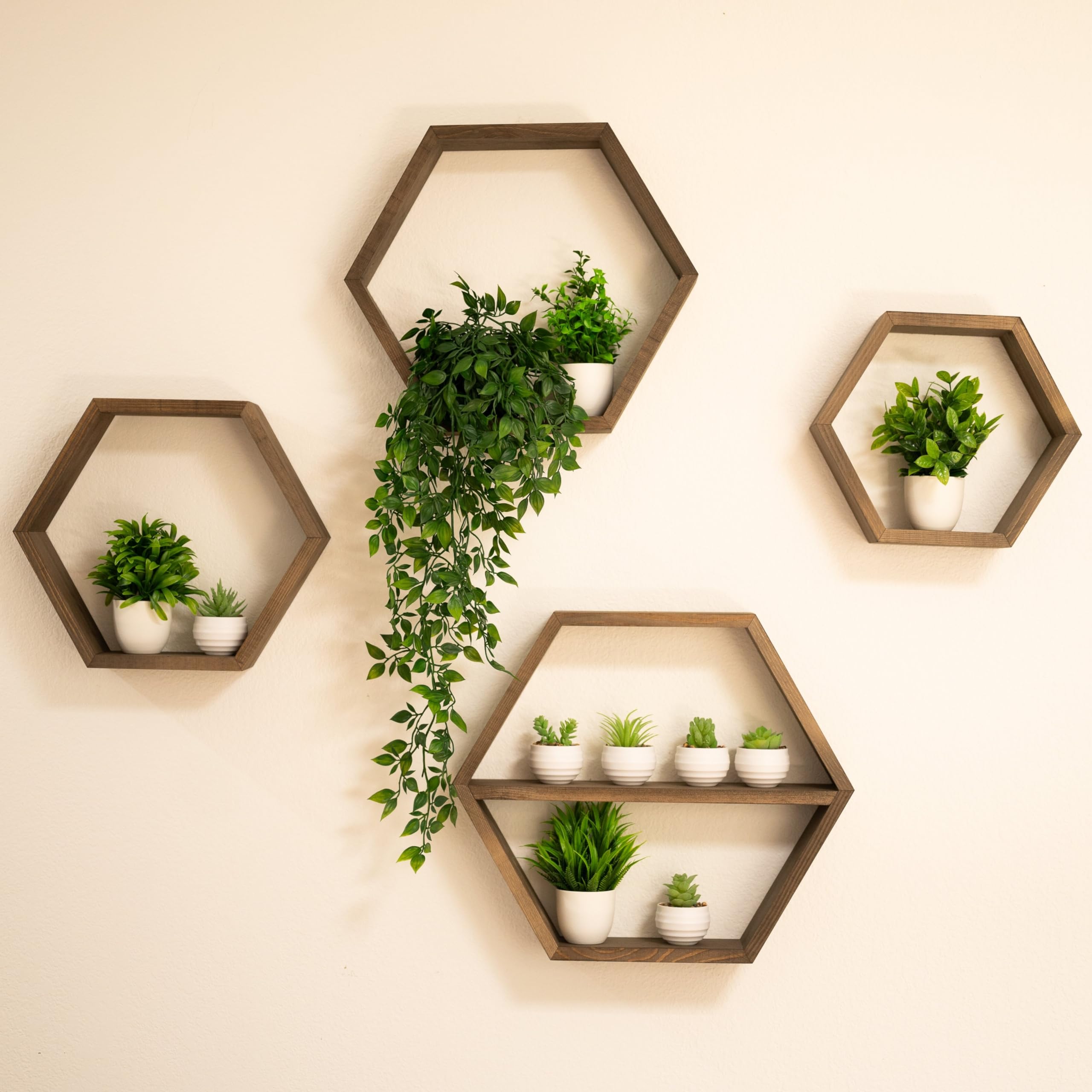 Farm and Posh Large Hexagon Floating Shelves Set of 4 – Honeycomb Shelf, Crystal Display Shelf, Wood Hexagon Wall Shelves, Farmhouse Display Shelves for Hexagon Wall Decor (Dark Walnut)