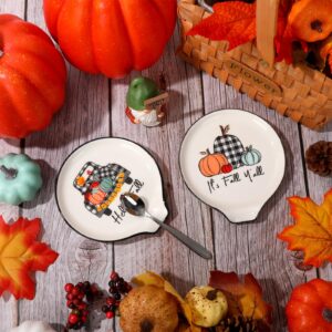 JarThenaAMCS 2Pcs Fall Spoon Rest Plaid Pumpkin Truck Ceramic Spoon Holder Farmhouse Sauce Dishes Ring Dish for Autumn Thanksgiving Kitchen Home Office Decor