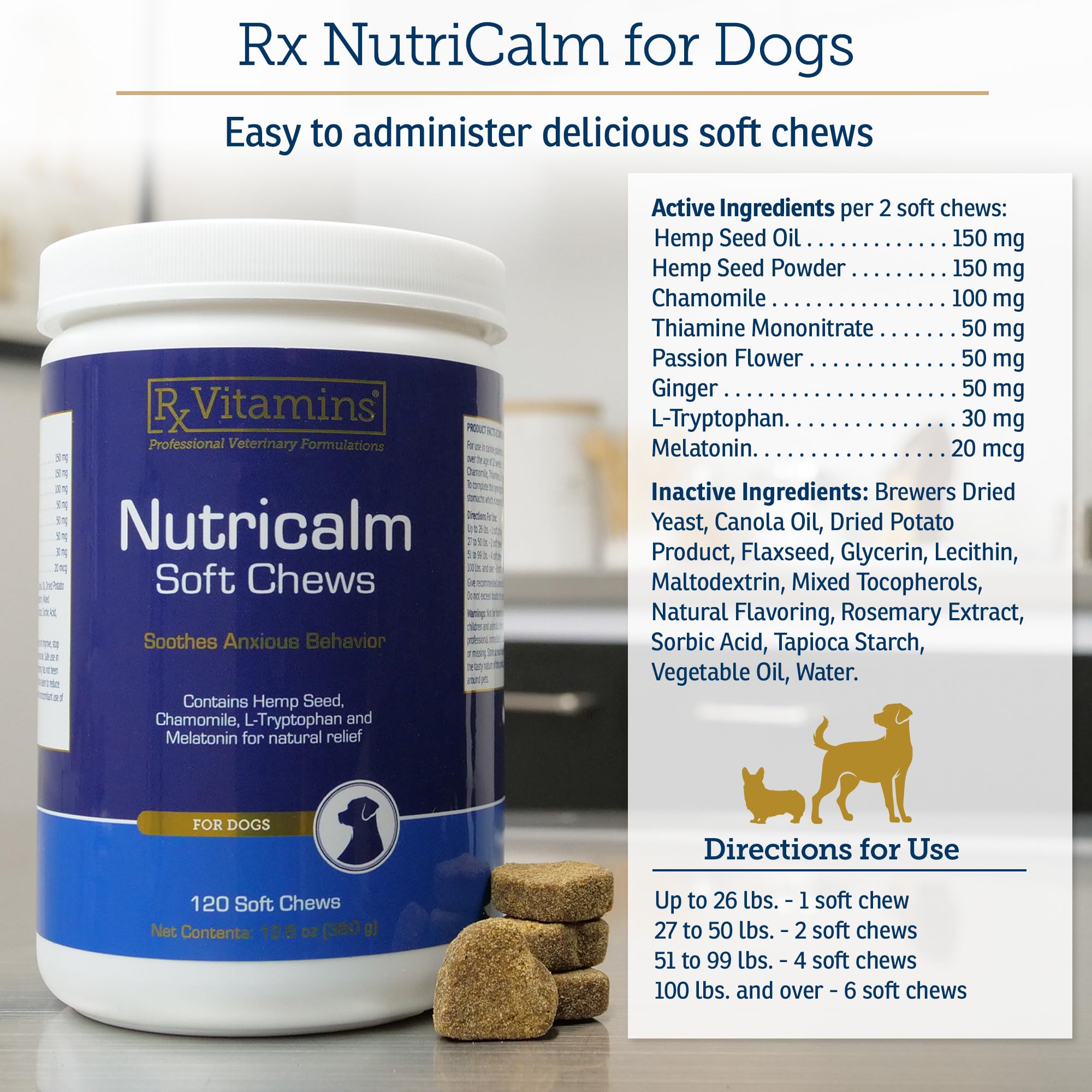 Rx Vitamins NutriCalm - Hemp Calming Chews for Dogs - Dog Calming Chews with Melatonin and Chamomile - Anxiety Relief Treats - Provides Relaxation & Separation Anxiety Relief for Dogs - 120 Capsules