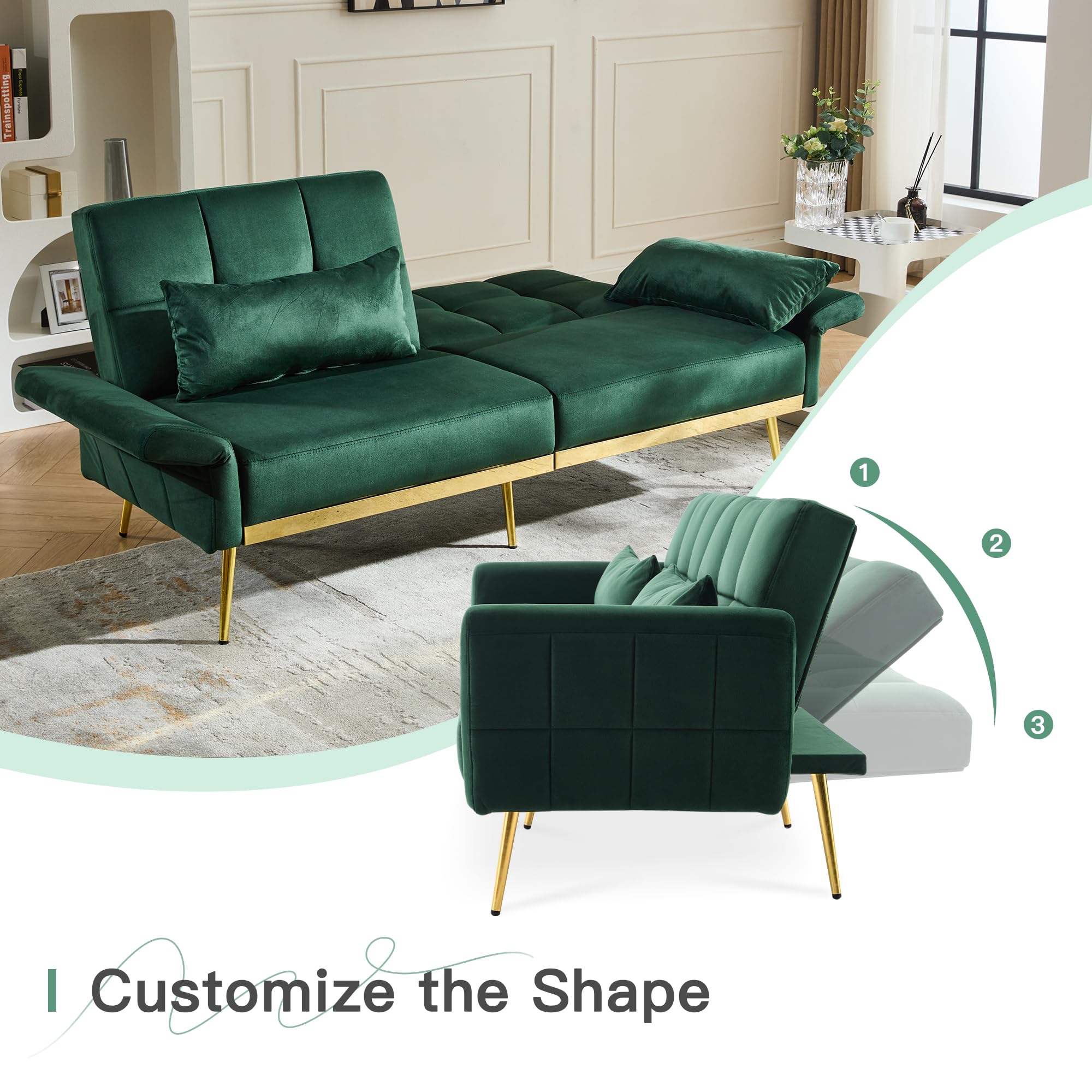 DIFY 70'' Velvet Futon Sofa Bed, Convertible Sleeper Sofa Tufted Couch with Adjustable Armrests and Backrest, Modern Loveseat Sleeper Bed with 2 Bolster Pillows for Living Room, Green