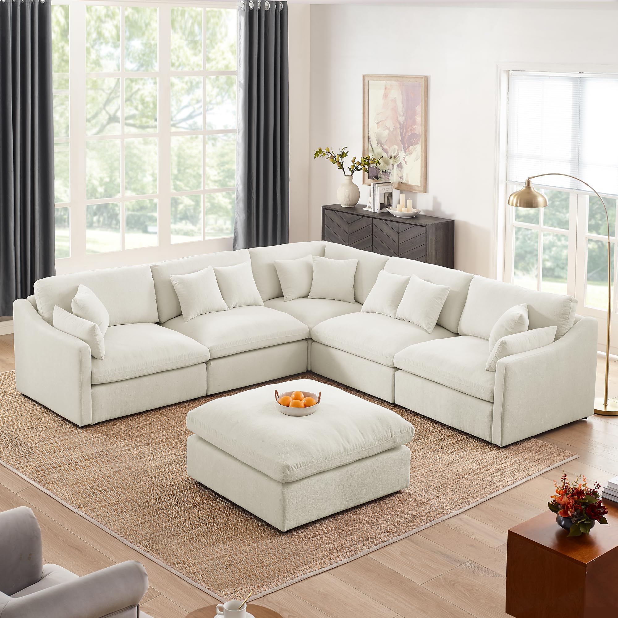 Olodumare L Shaped Modular Sectional Sofa Set with Ottoman, Free Combination Deep Seat Sofa with Down Feathers Filled,10 Pillows, 6-Seats Oversized Corner Sofa for Living Room Furniture,Chenille Beige