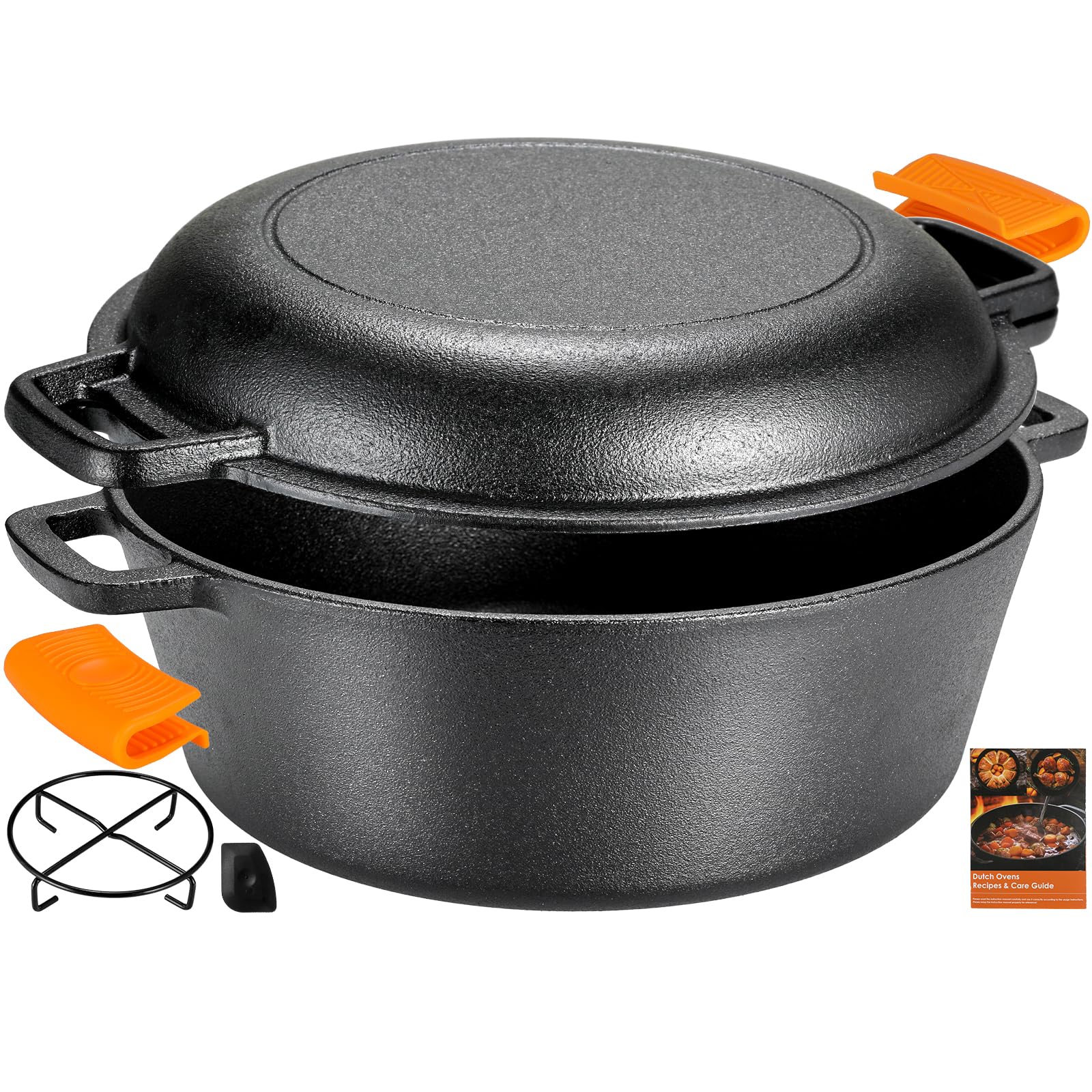 LIFERUN Dutch Oven Pot with Lid, 5.1 Quart Pot without Lid + 1.9 Quart Lid - Cast Iron Dutch Oven with Lid - Lid Doubles as Cast Iron Skillet - Silicone Handle Holders, Iron Stand - Use in the Oven, Stove, BBQ, Grill, Campfire