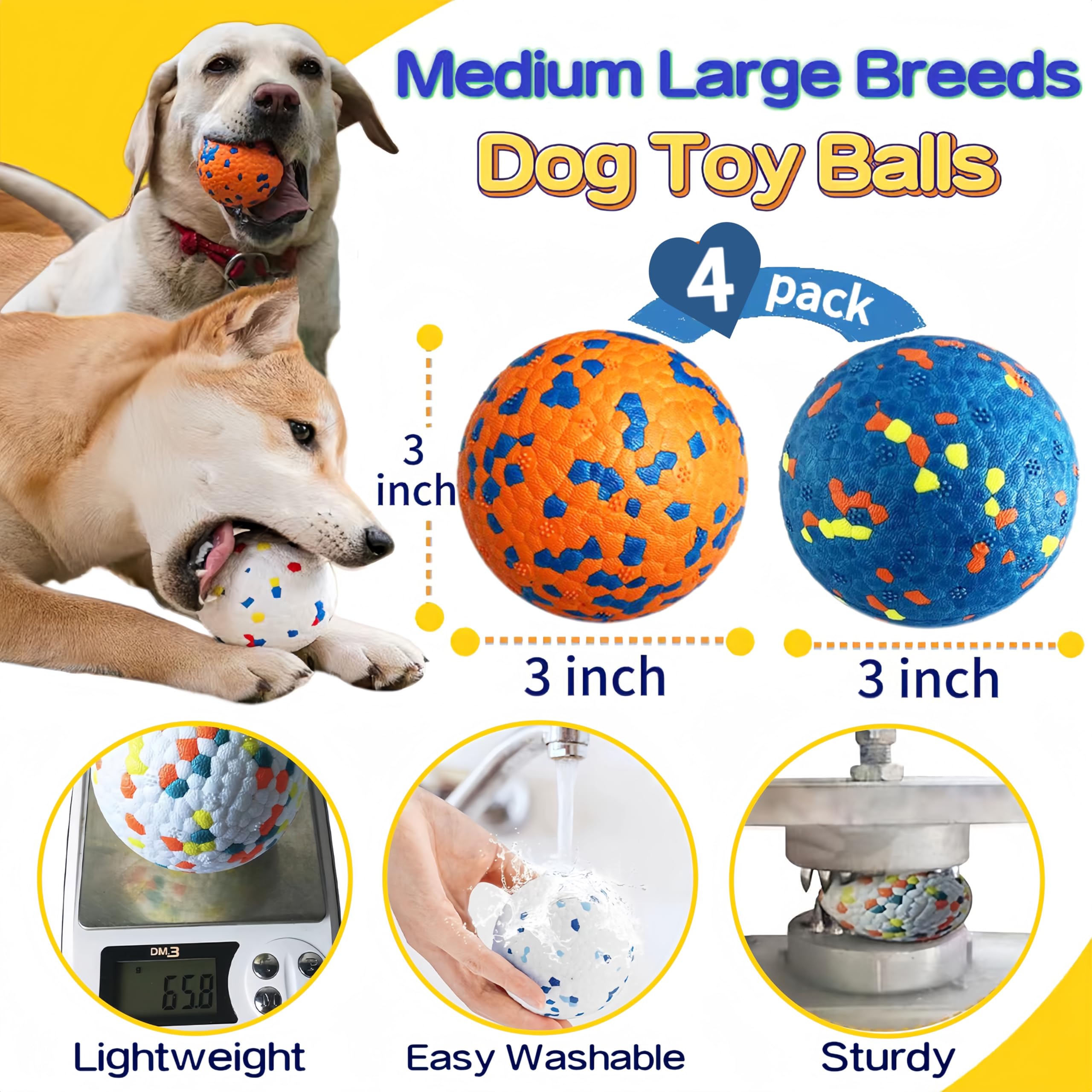 KUNHEHO 4pcs Indestructible Dog Balls for Aggressive Chewers - Atom Teething Chew Toys Water Toy Fetch Balls for Medium and Large Dogs (4 colors,3")