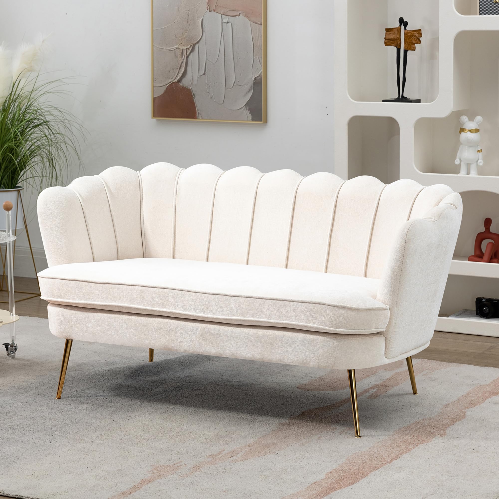 DWOYFO 59” Small Modern Chenille Loveseat Sofa, 2-Seater Sofa with Gold Metal Legs, Small Couch with Flower Shaped Back for Living Room Bedroom Office (Beige & Chenille)