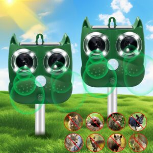 ultrasonic deer repellent devices 2024 newest solar animal repeller for cat dog deer raccoon coyote skunk, waterproof cat deterrent outdoor with explosive flashing light, 2 pack