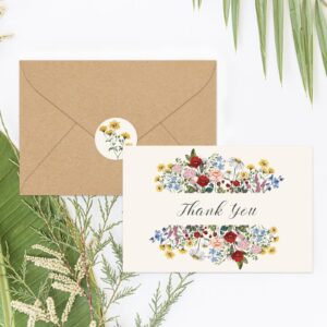 Whaline 30 Pack Wildflower Thank You Cards Vintage Floral Greeting Cards with Envelopes Stickers Retro Flower Blank Note Cards for Wedding Bridal Baby Shower Birthday Party Supplies, 4 x 6 Inch