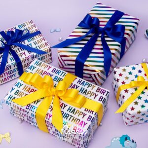 Ribbli Birthday Wrapping Paper 30 Inch Iridescent Gift Wrapping Paper 4 Rolls Happy Birthday Polka Dots Stripes Stars Printed Assortment -120 inch(10feet) Per Roll