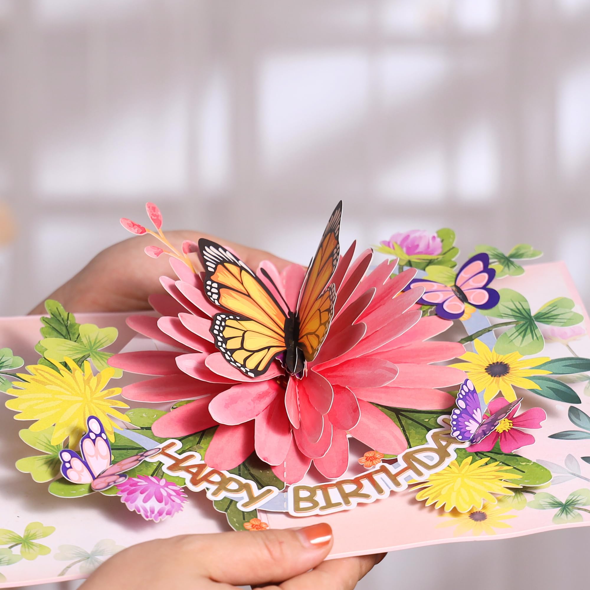 Pop Up Birthday Cards For Women&Wife, Beautiful Flowers and Monarch Butterfly, Elegant, Floral 3D Happy Birthday Greeting Cards, Ideal Gift for Mom, Sister, Her, Grandma, Aunt, Daughter, Stepmother