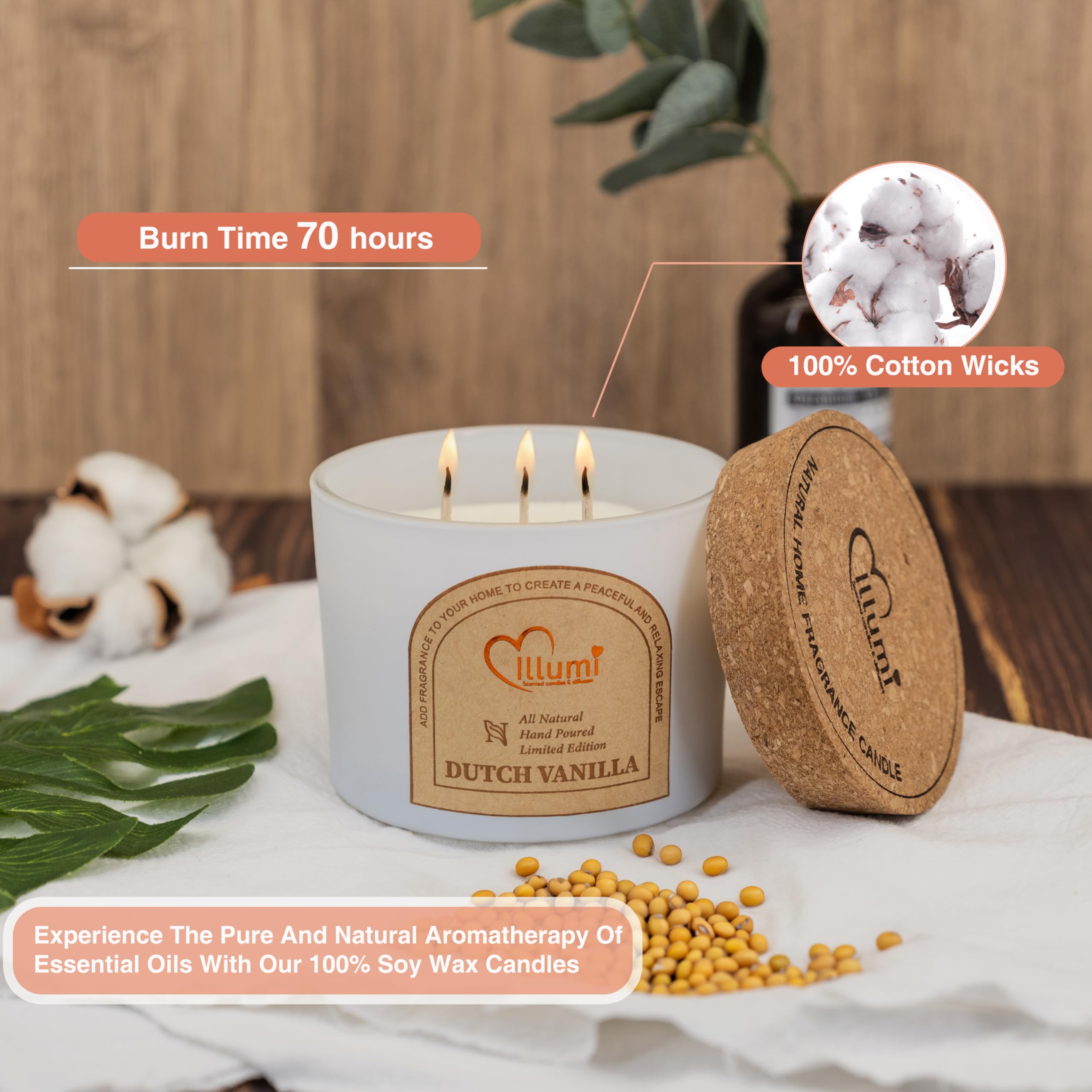 ILLUMI Scented Candles | Vanilla 10% Pure Concentrated Oil Scented Candle | Large 3 Wick. 23 Oz | Burning time up to 70 Hours | 100% Natural Soy Wax | Candles for Home.