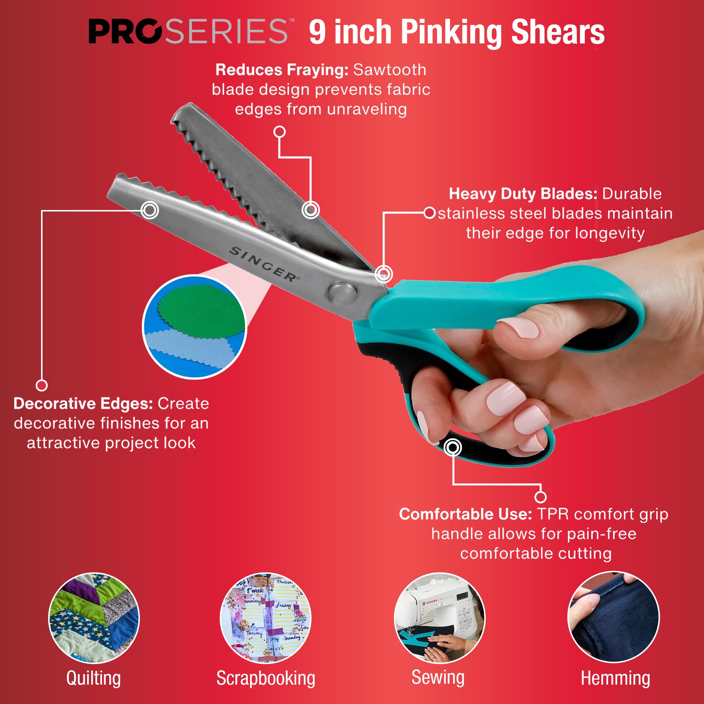 SINGER ProSeries Scissors Set - 9” Pinking Shears, 8.5” Heavy Duty Scissors & 4.5” Detail Scissors - Stainless Steel, Comfort Grip for Quilting, Dressmaking & Tailoring - Professional Cutting Tools