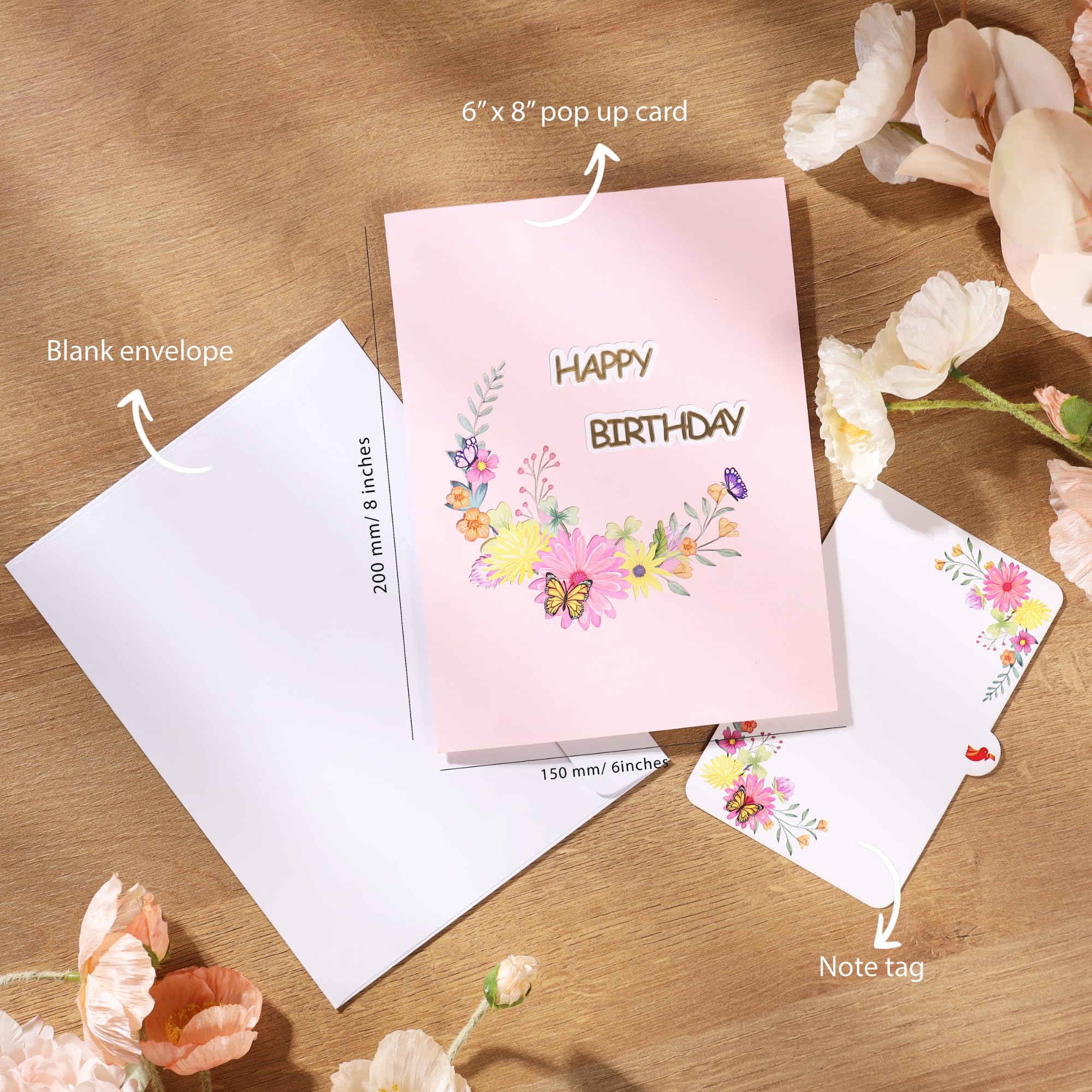 Pop Up Birthday Cards For Women&Wife, Beautiful Flowers and Monarch Butterfly, Elegant, Floral 3D Happy Birthday Greeting Cards, Ideal Gift for Mom, Sister, Her, Grandma, Aunt, Daughter, Stepmother