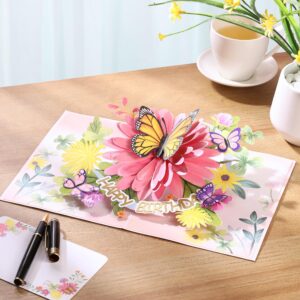 Pop Up Birthday Cards For Women&Wife, Beautiful Flowers and Monarch Butterfly, Elegant, Floral 3D Happy Birthday Greeting Cards, Ideal Gift for Mom, Sister, Her, Grandma, Aunt, Daughter, Stepmother