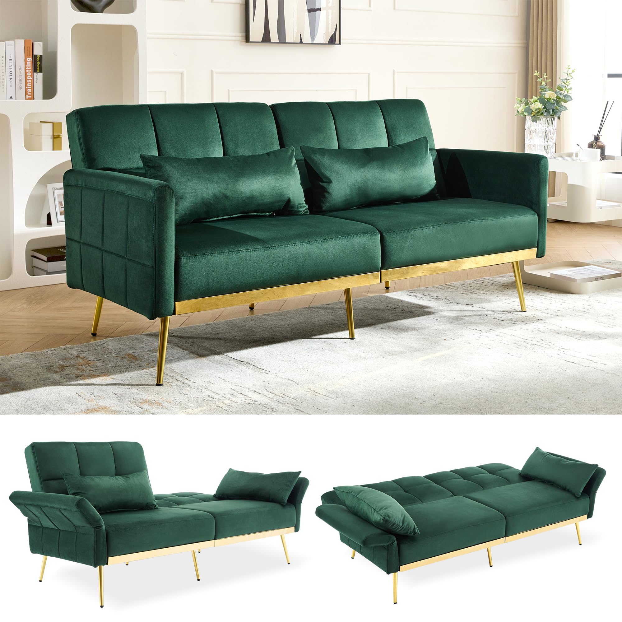 DIFY 70'' Velvet Futon Sofa Bed, Convertible Sleeper Sofa Tufted Couch with Adjustable Armrests and Backrest, Modern Loveseat Sleeper Bed with 2 Bolster Pillows for Living Room, Green