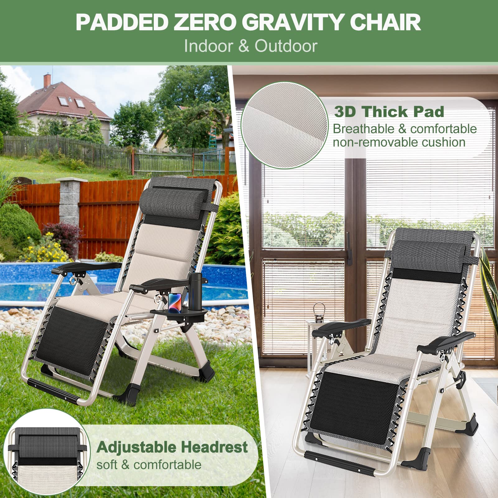 Barbella Zero Gravity Chair Reclining Lounge Chair Patio Chairs, Adjustable Lawn Recliner Folding Lounge Recliners with Removable Cushion, Headrest & Cup Holder, Reclining Chair for Indoor and Outdoor