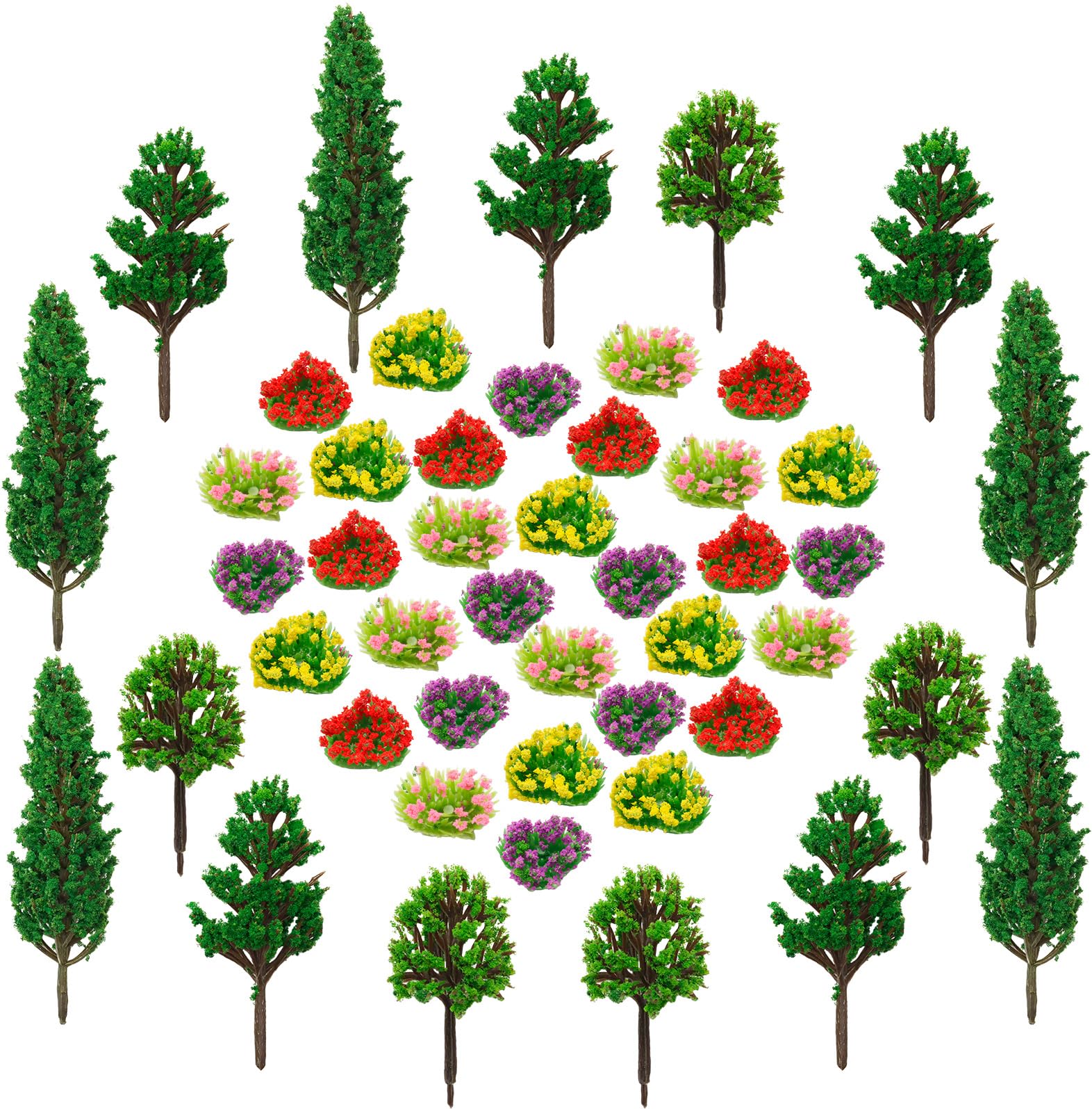 Warmtree 47 Pcs Mini Model Trees Miniature Colorful Flower Cluster,32 Miniature Flowers 15 Mixed Miniature Trees,Miniature Fairy Garden Tree Plant Train Landscape Military Layout Model Dioramas