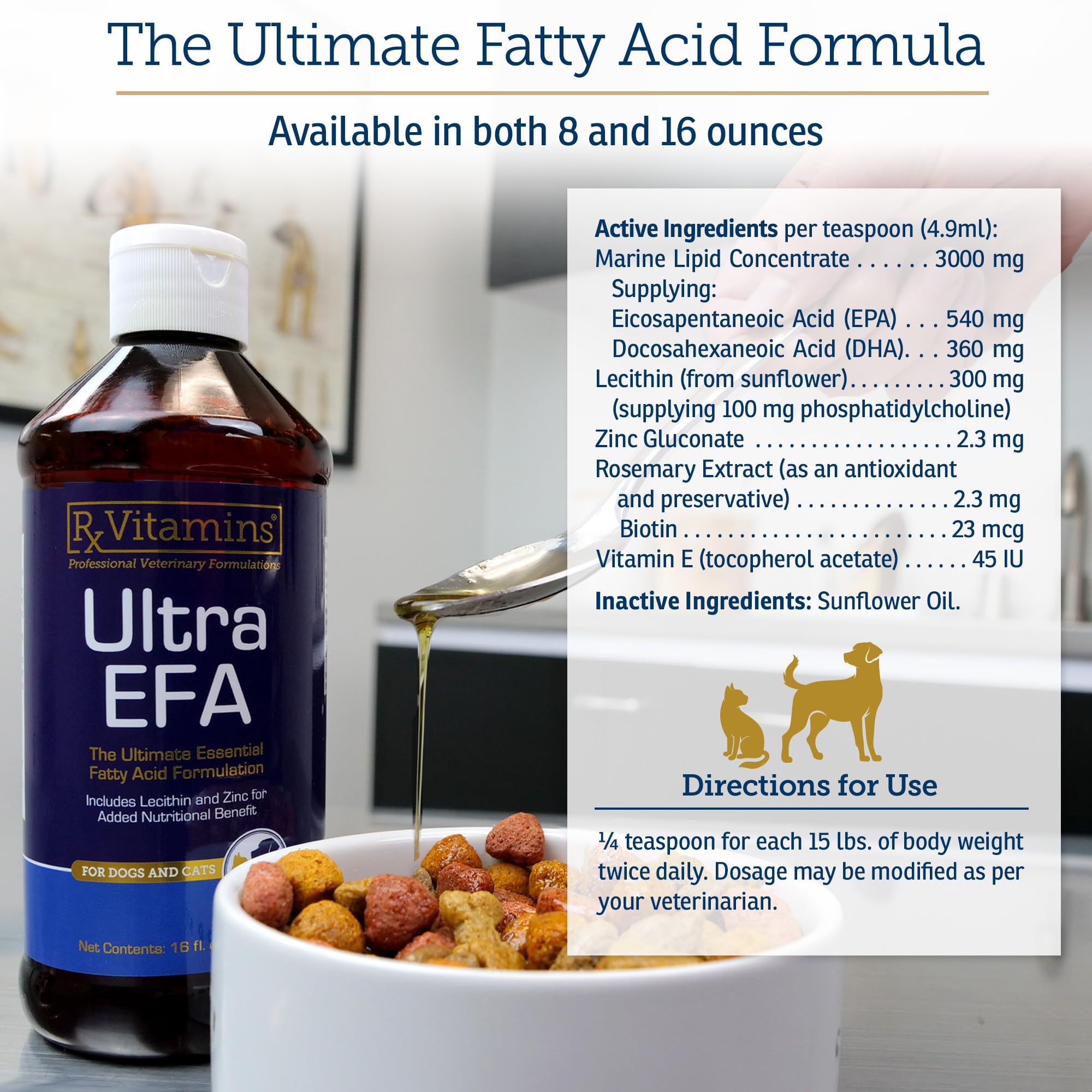 Rx Vitamins Ultra EFA Omega 3 Fish Oil for Dogs & Cats - Promotes Heart, Brain, and Joint Health with Vitamin E, Biotin, and Zinc - Liquid Fish Oil for Itch Relief & Dog Shedding - 16 oz