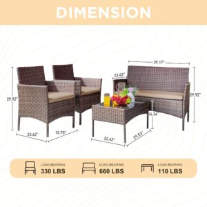 PROHIKER 4 Piece Outdoor Wicker Patio Conversation Furniture Set, Rattan Chair Wicker Sofa Garden Conversation Sets with Cushion and Glass Table for Yard Pool or Backyard, Brown/Khaki