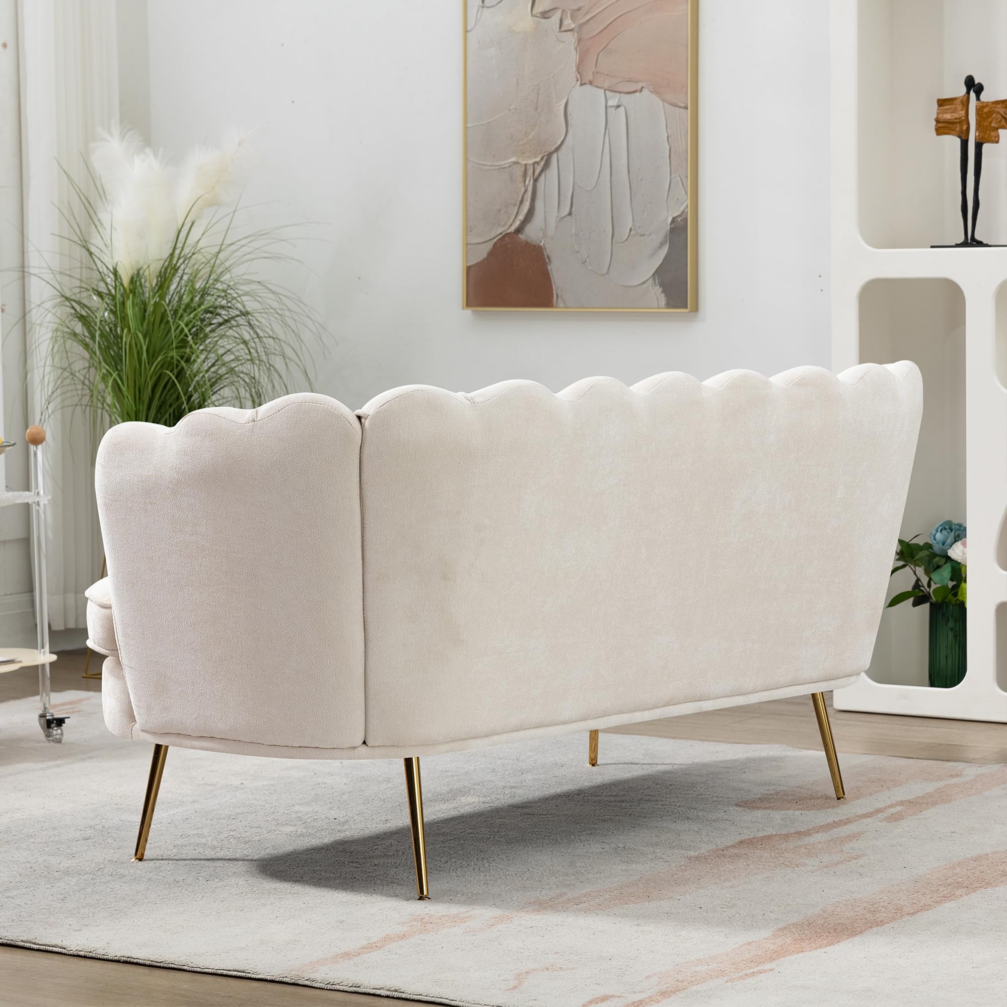 DWOYFO 59” Small Modern Chenille Loveseat Sofa, 2-Seater Sofa with Gold Metal Legs, Small Couch with Flower Shaped Back for Living Room Bedroom Office (Beige & Chenille)