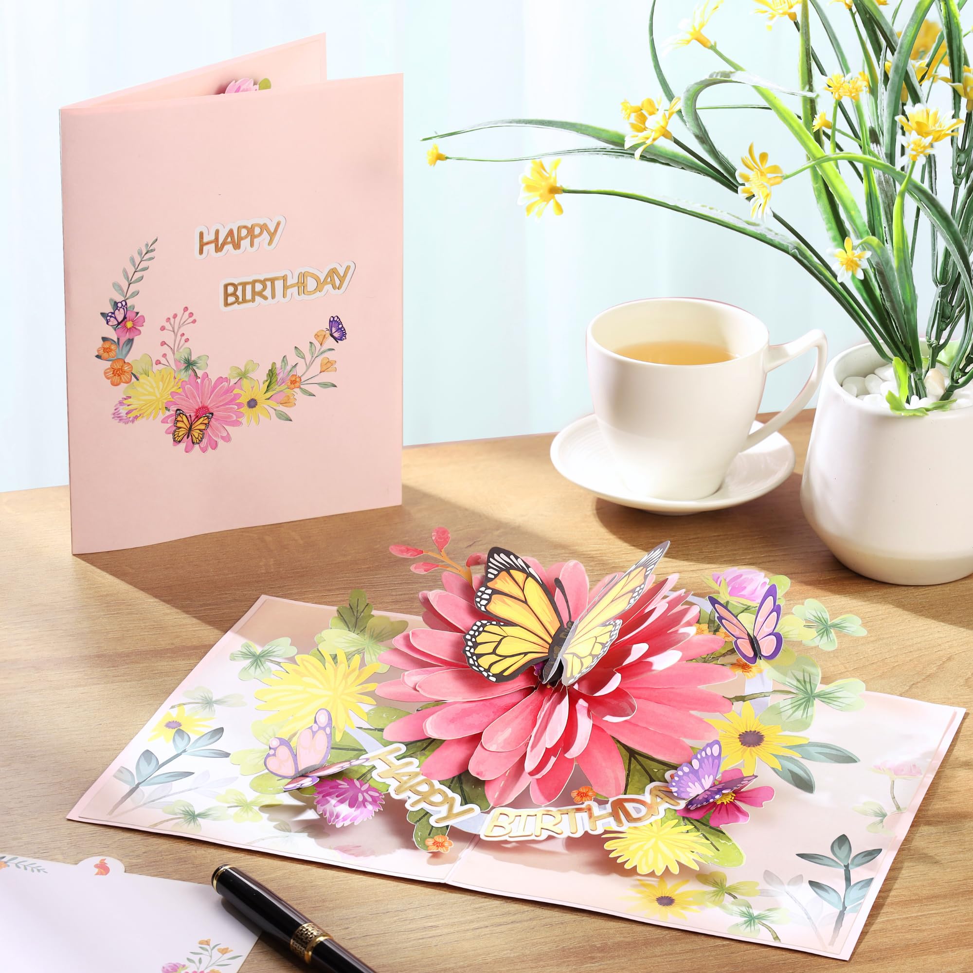 Pop Up Birthday Cards For Women&Wife, Beautiful Flowers and Monarch Butterfly, Elegant, Floral 3D Happy Birthday Greeting Cards, Ideal Gift for Mom, Sister, Her, Grandma, Aunt, Daughter, Stepmother