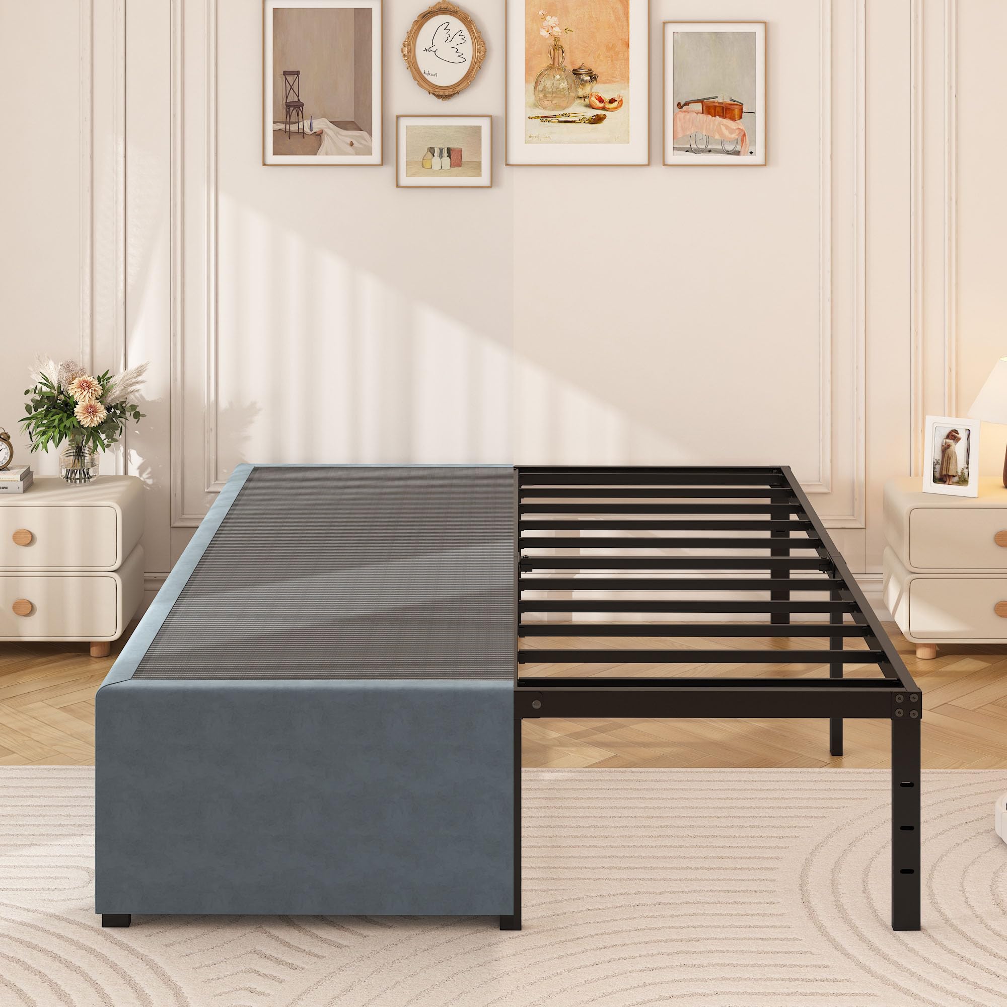 FMDMR 18 Inch Queen Bed Frame, The Metal Platform Bed Frame Queen Size with Fabric Cover Set, Heavy Duty Steel Slats Support, No Box Spring Needed, Under Bed Storage Space, Easy Assembly