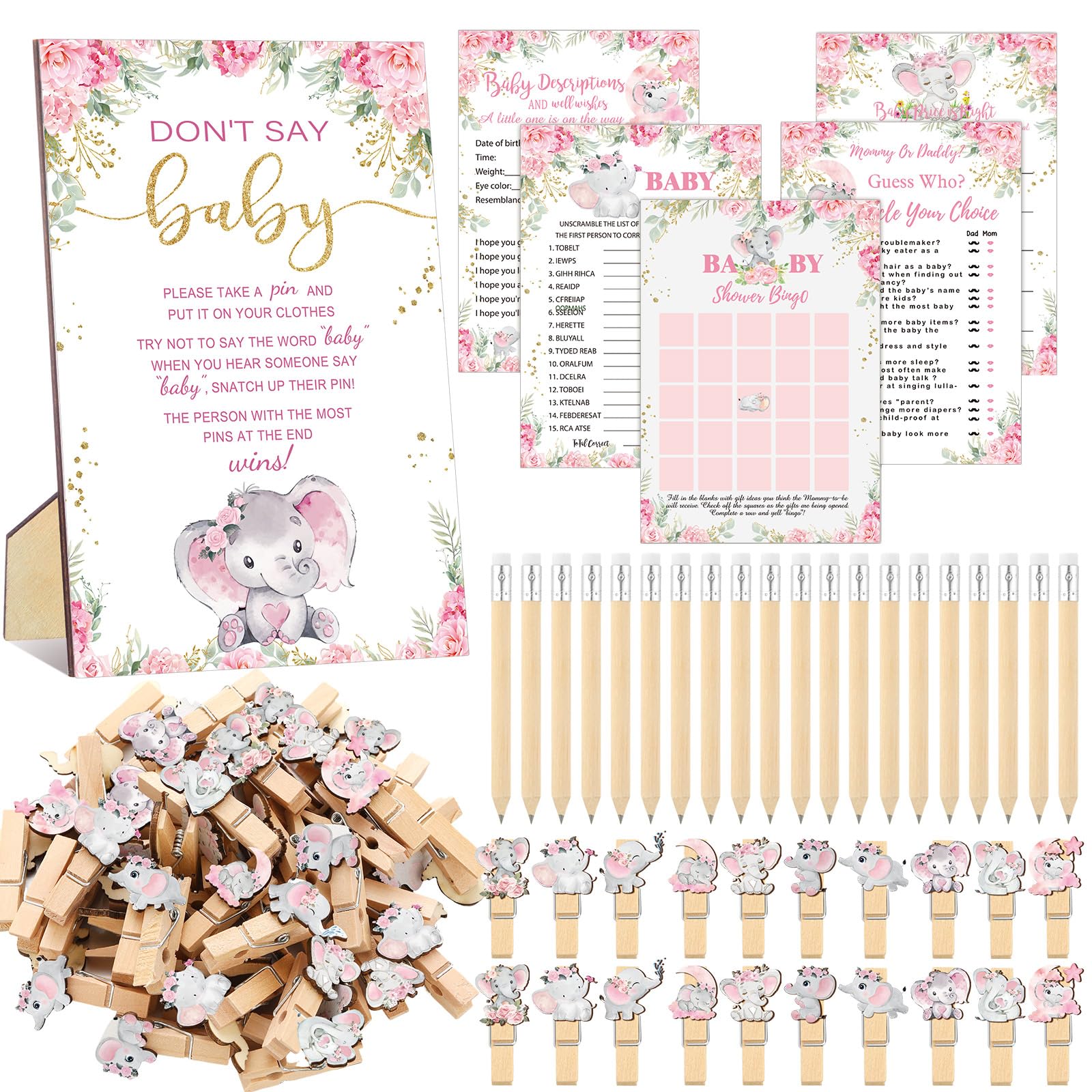 Patelai 321 Pcs Baby Shower Games Supplies, 5 Sets (50 Cards Each) Activities Cards with 20 Pencils 1 Don't Say Baby Sign 50 Clothespin(Pink Elephant)