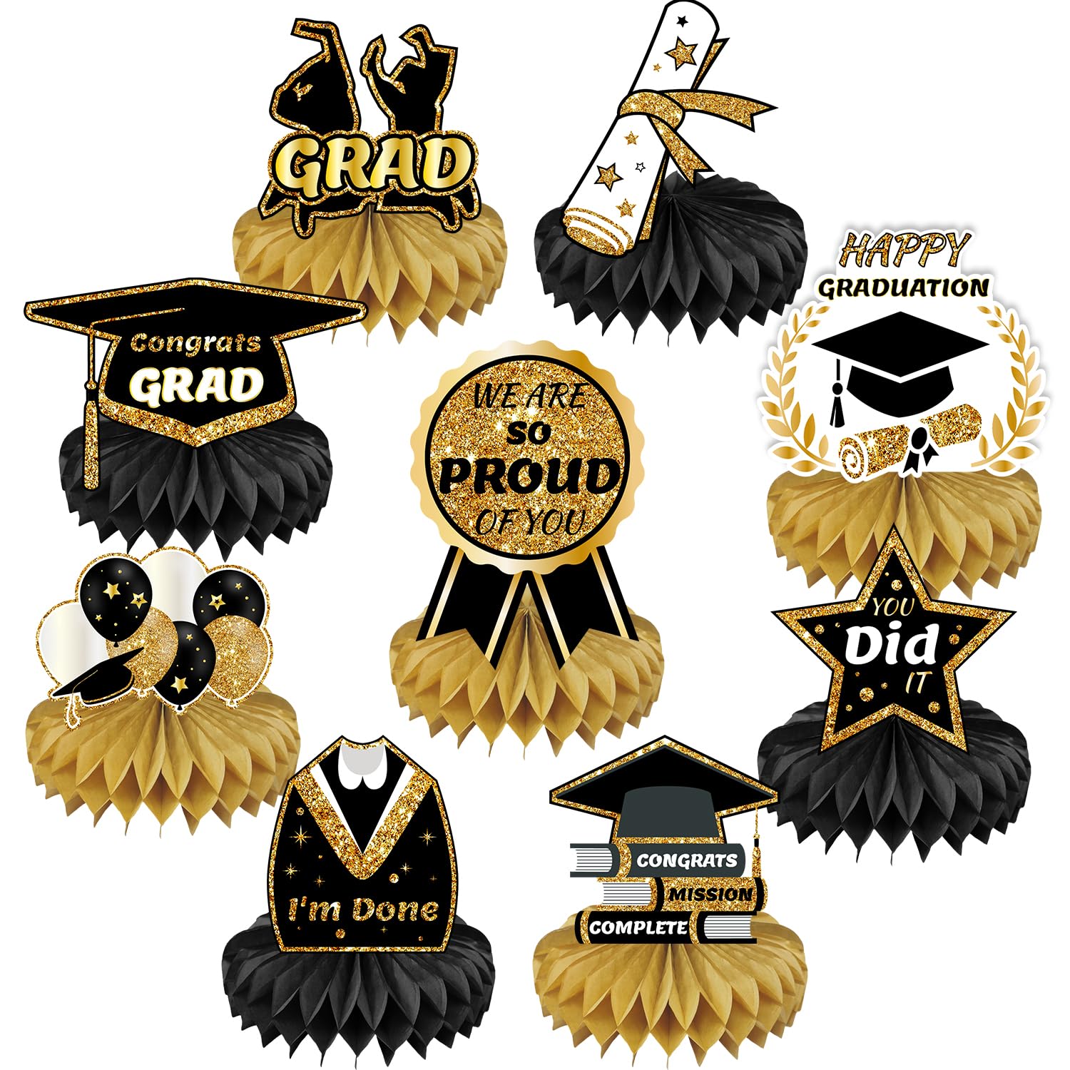 Graduation Decorations Class of 2024, 9PCS 2024 Graduation Party Decorations,Congrats Grad Table Centerpiece Congratulate Graduation Honeycomb Table Toppers for Graduation Party Supplies