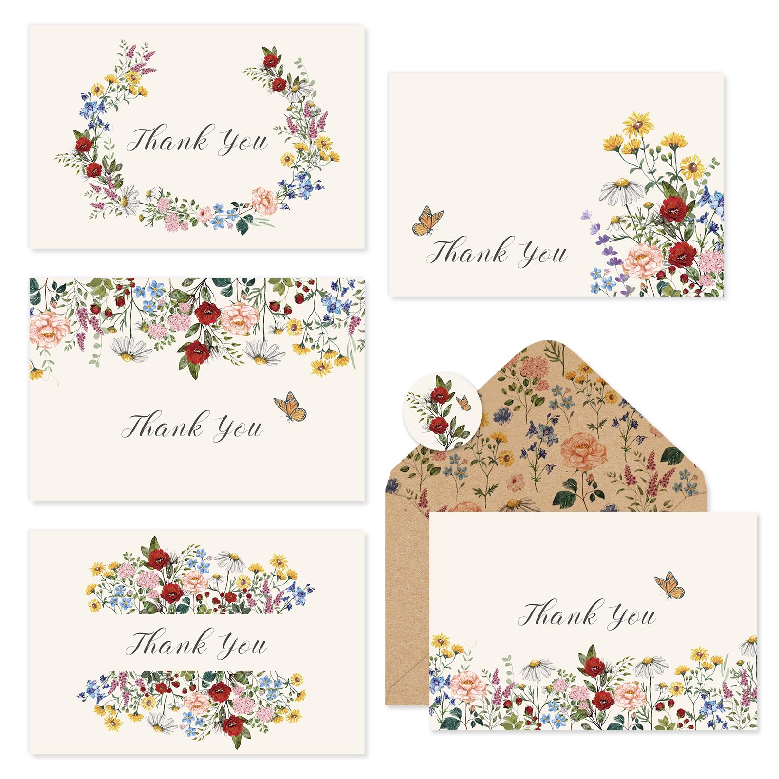 Whaline 30 Pack Wildflower Thank You Cards Vintage Floral Greeting Cards with Envelopes Stickers Retro Flower Blank Note Cards for Wedding Bridal Baby Shower Birthday Party Supplies, 4 x 6 Inch