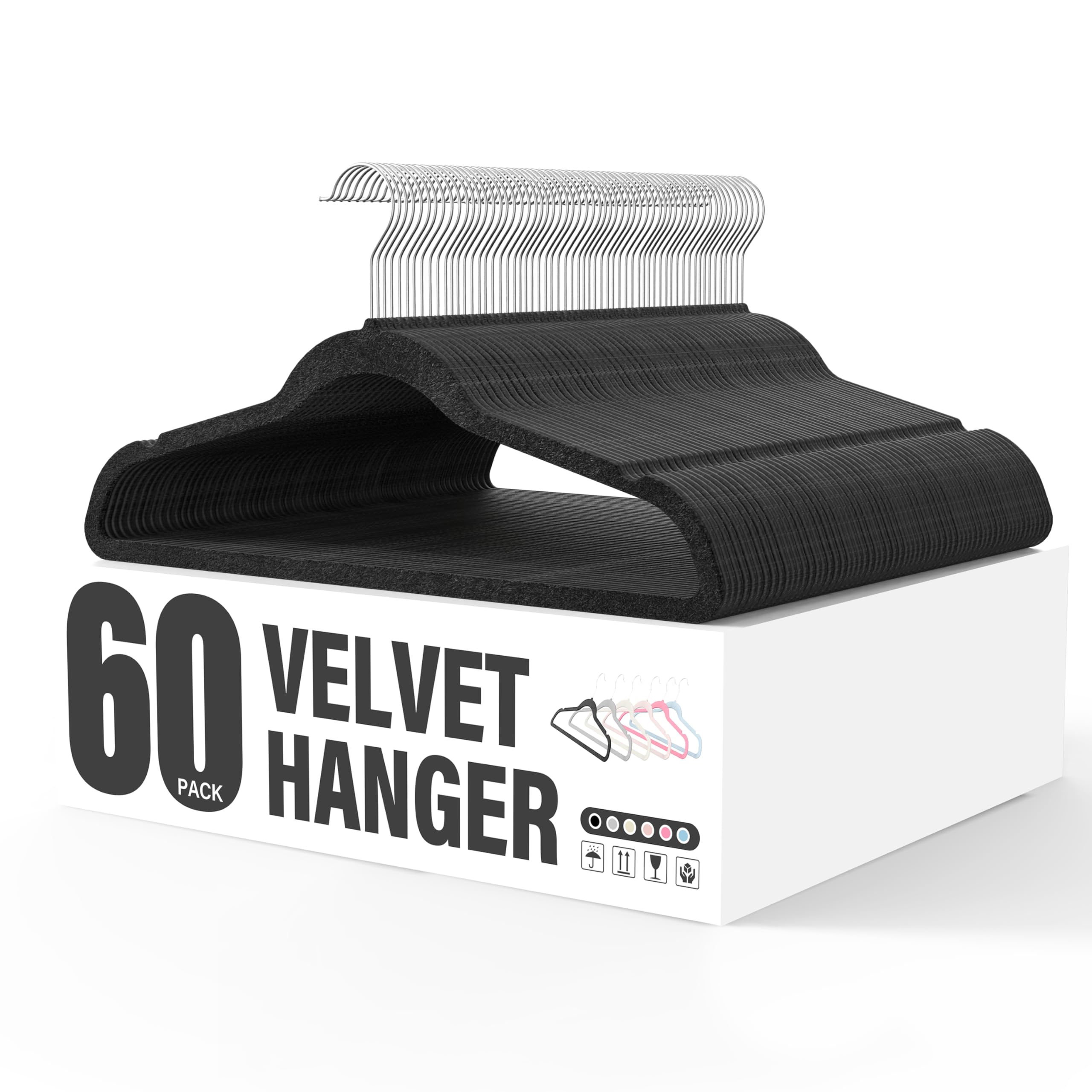 YSSOA Velvet Hangers 60 Pack, Non-Slip Clothes Hangers with Shoulder Notches, 360° Swivel Hooks, Heavy Duty Standard Hangers for Closet Space Saving, Black