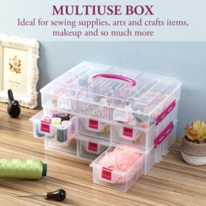 MyGift 11 Inch Clear Arts and Crafts Stackable Container, Sewing Supplies Storage Organizer Case with Pink Accents, 24 Customizable Compartments, and 6 Drawers with Removable Dividers