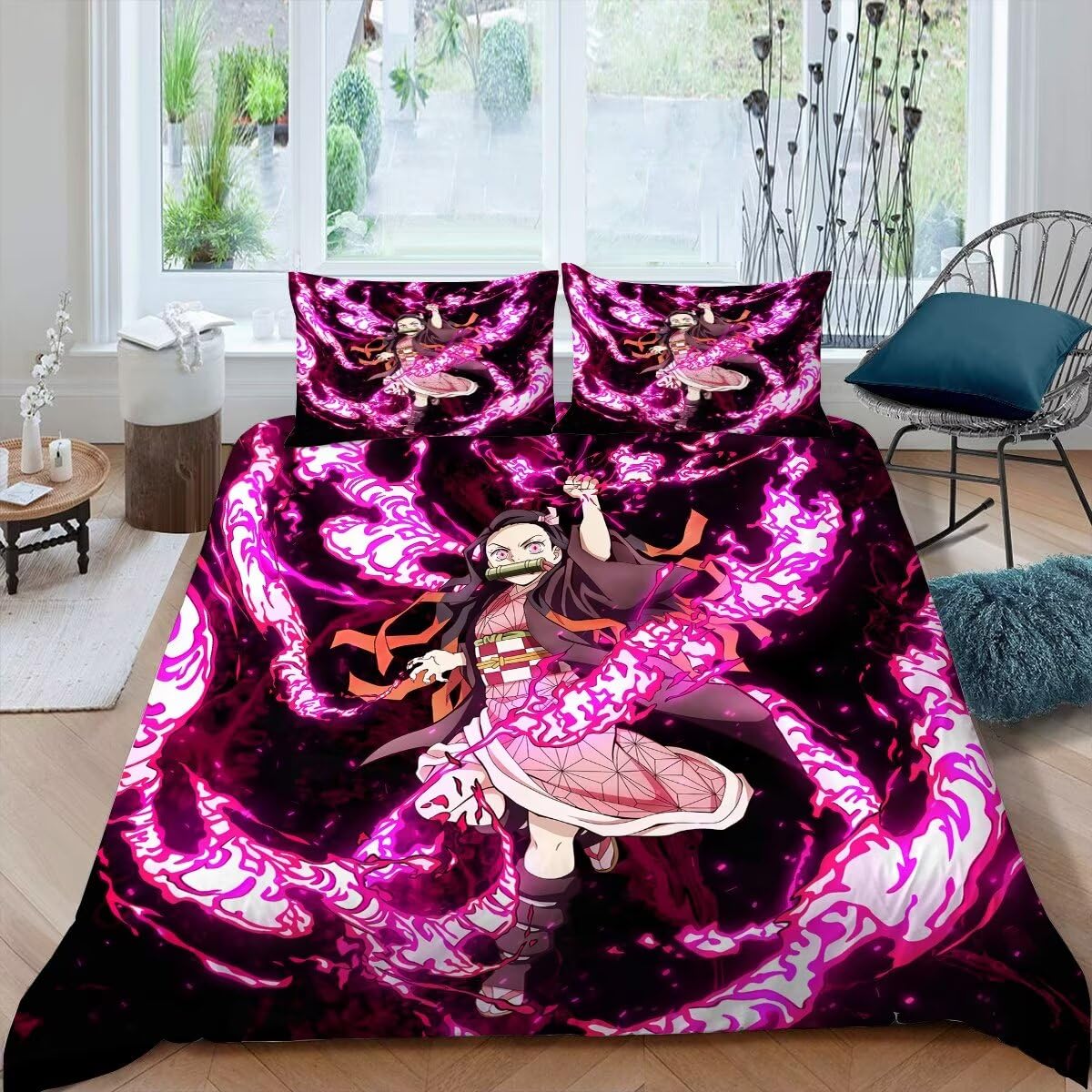 Zekdoi Japanese Anime Duvet Cover Set Full Size,Demon Kamado Nezuko Bedding Comforter Cover for Teen Boys Girls Bedroom Decor, 3 Pieces Soft Microfiber Bedding Sets with 2 Pillowcases