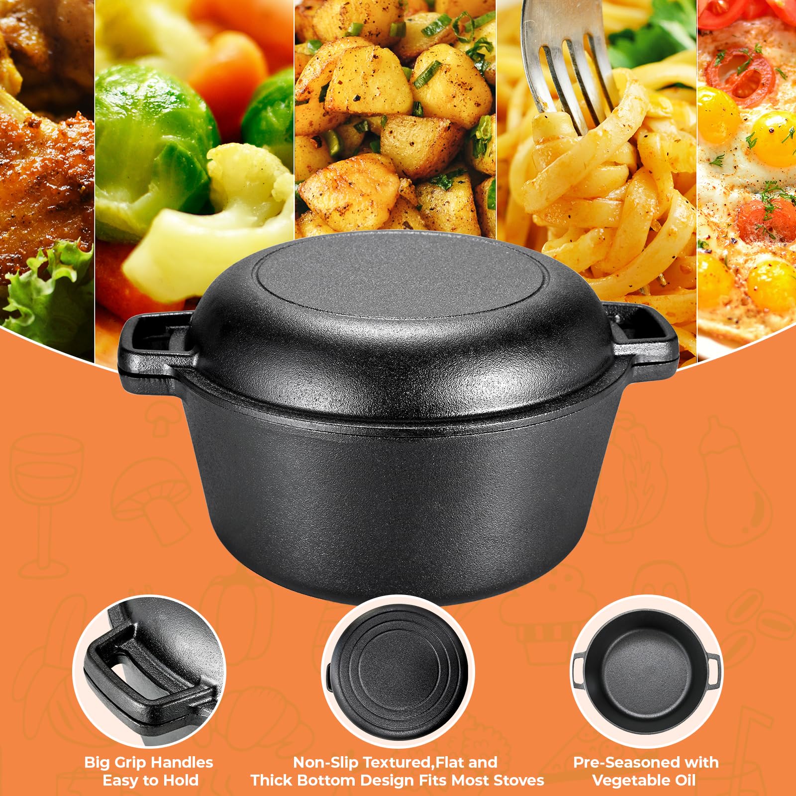 LIFERUN Dutch Oven Pot with Lid, 5.1 Quart Pot without Lid + 1.9 Quart Lid - Cast Iron Dutch Oven with Lid - Lid Doubles as Cast Iron Skillet - Silicone Handle Holders, Iron Stand - Use in the Oven, Stove, BBQ, Grill, Campfire